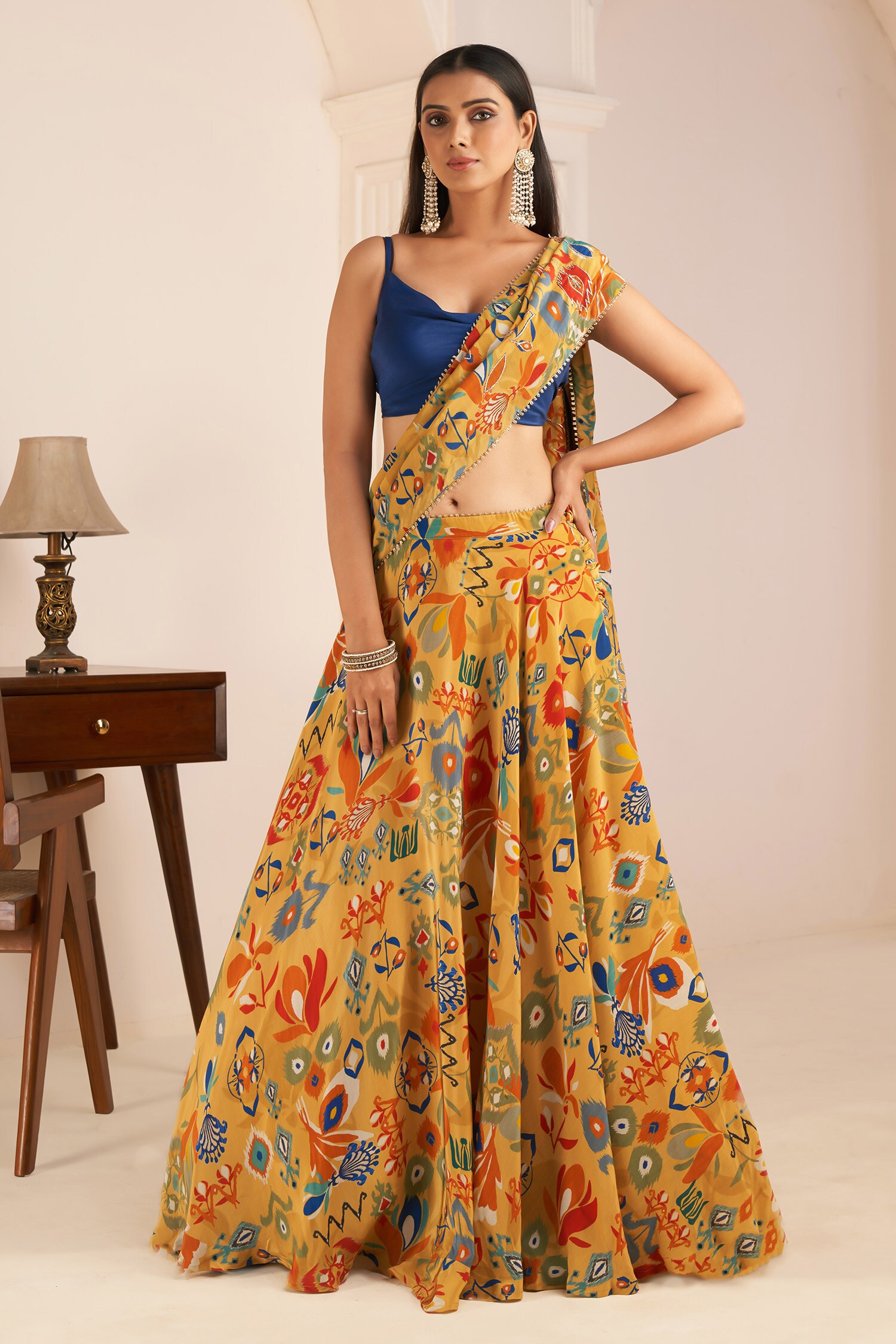 Buy Yellow Viscose Crepe Print Ikkat Bloom Cowl Neck Lehenga Saree With