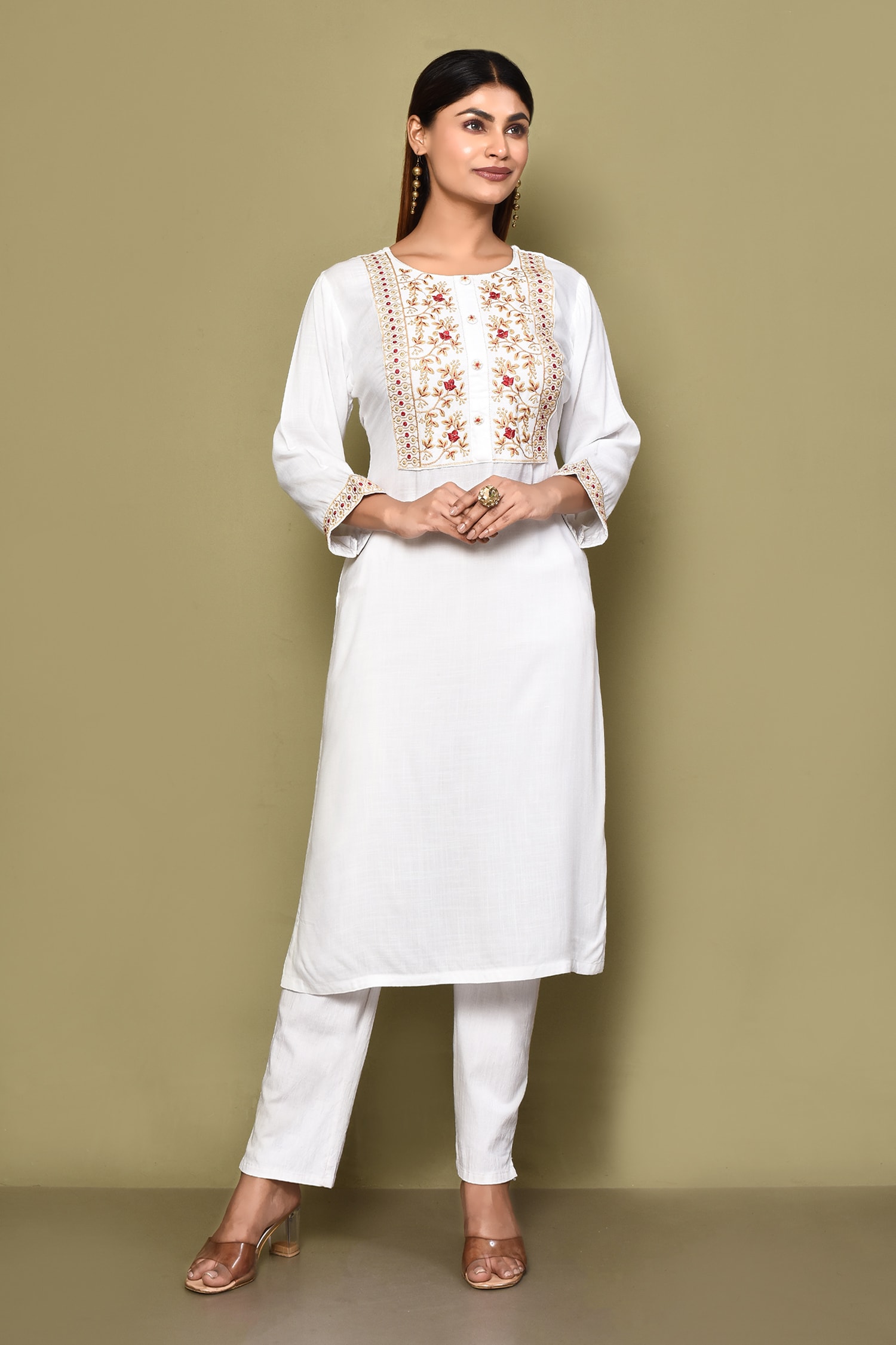 Buy White Rayon Embroidered Thread Round Floral Jaal Kurta For Women By