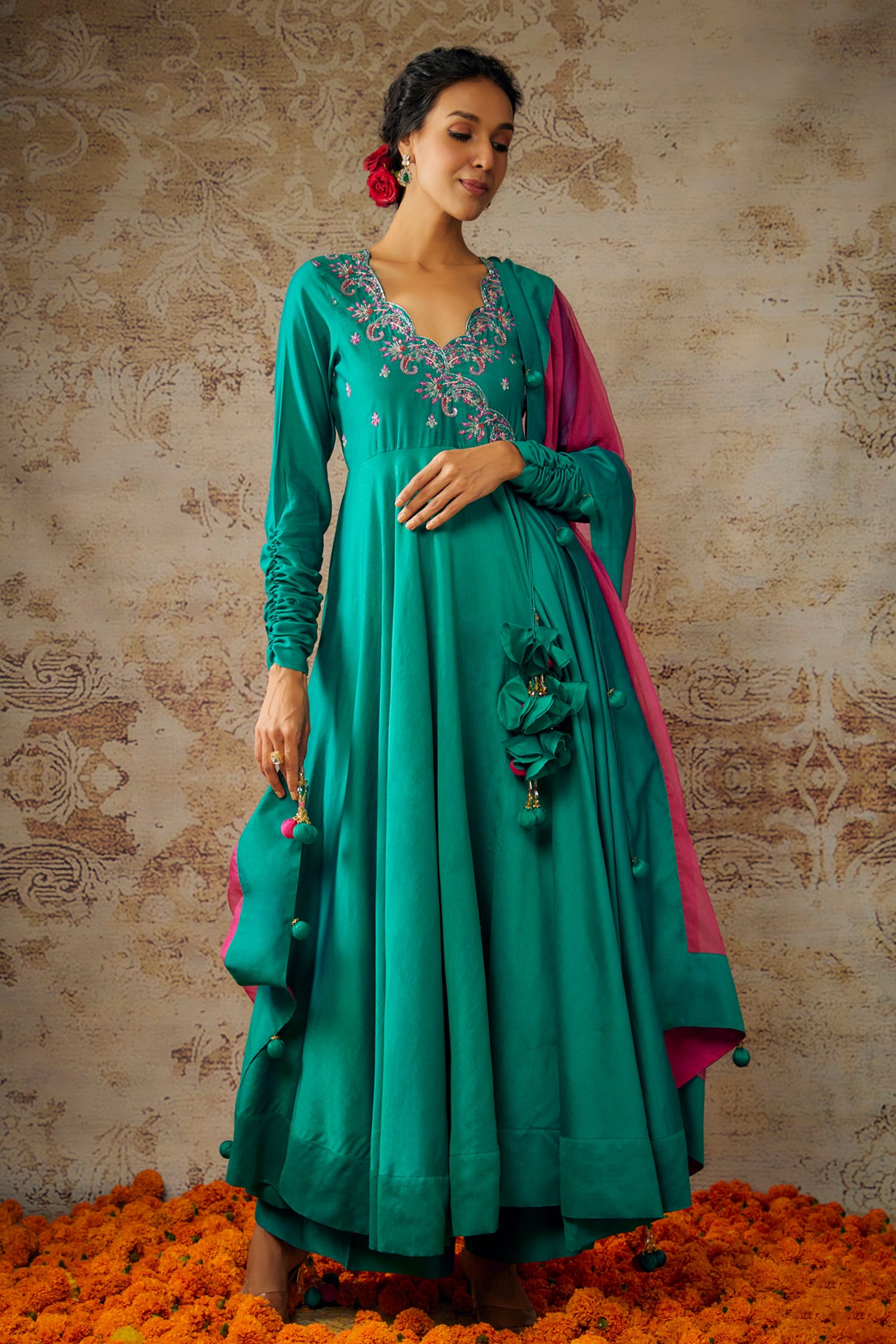 Buy Green Pure Handwoven Chanderi Zardozi Neckline Angrakha Anarkali