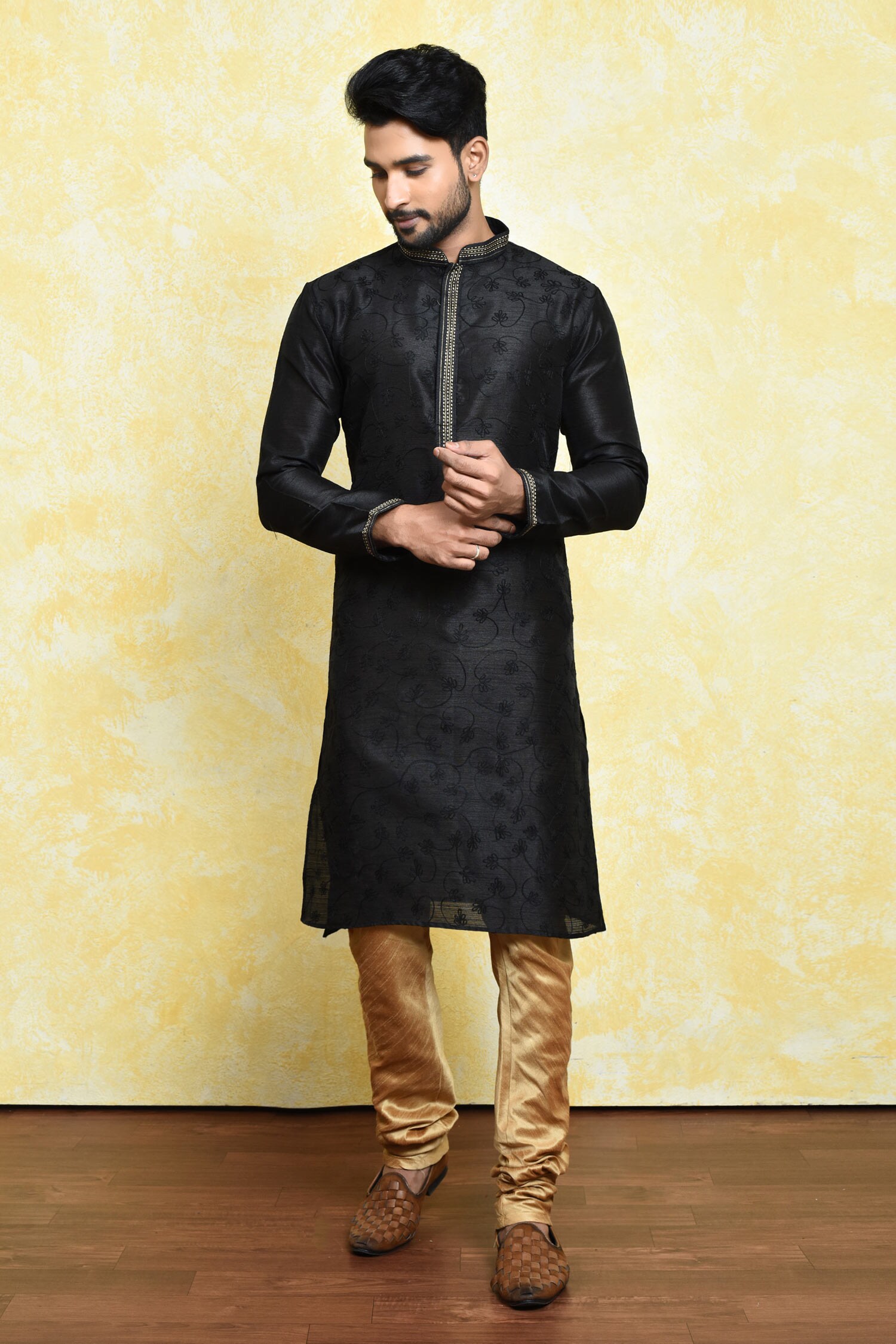 Buy Black Art Silk Embroidery Thread Kurta Set For Men By Samyukta