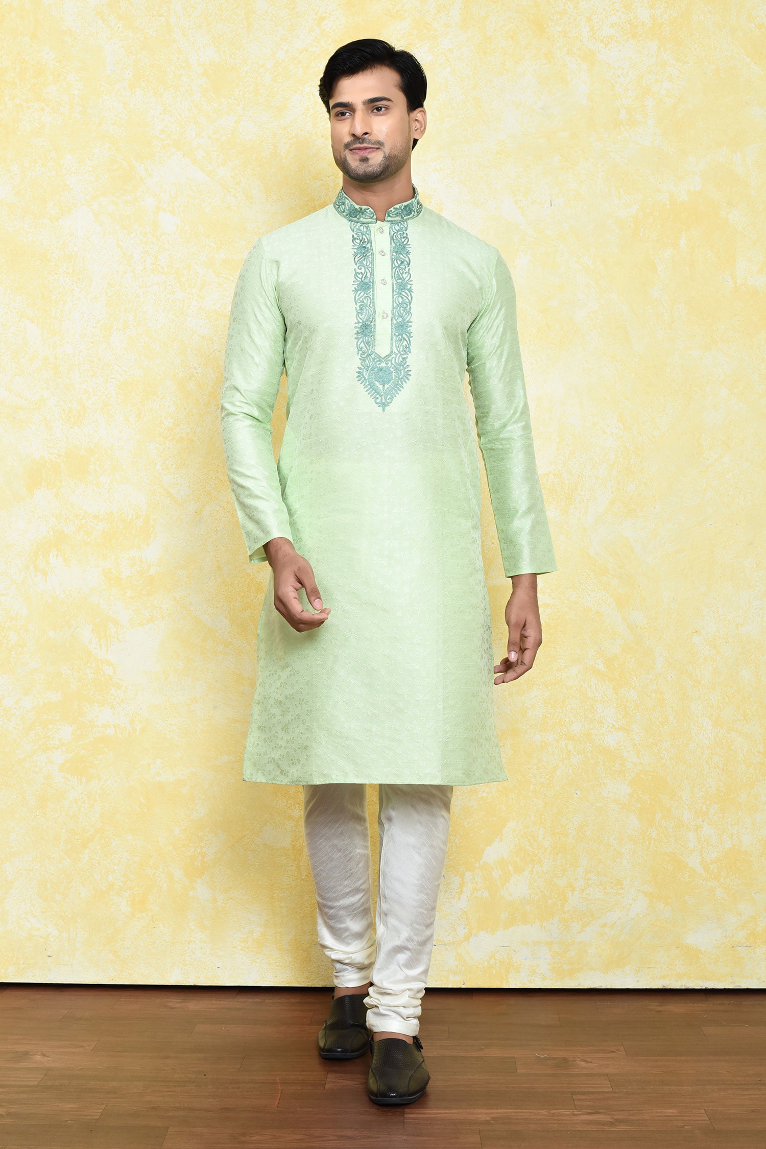 Buy Green Art Silk Embroidery Thread Paisley Kurta Set For Men By