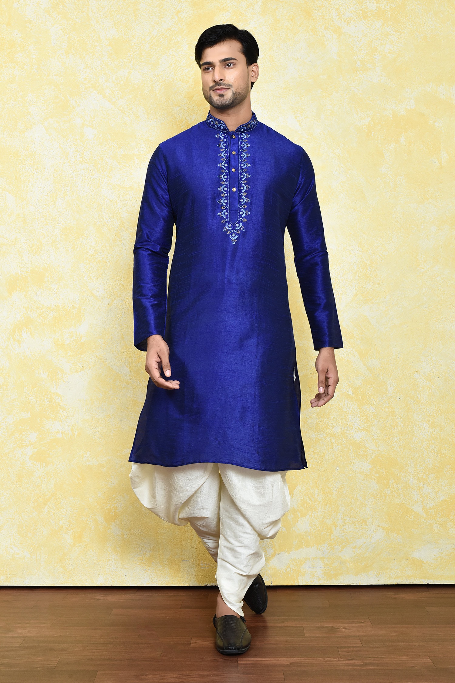 Buy Blue Art Silk Embroidered Floral Placket Kurta Set For Men By