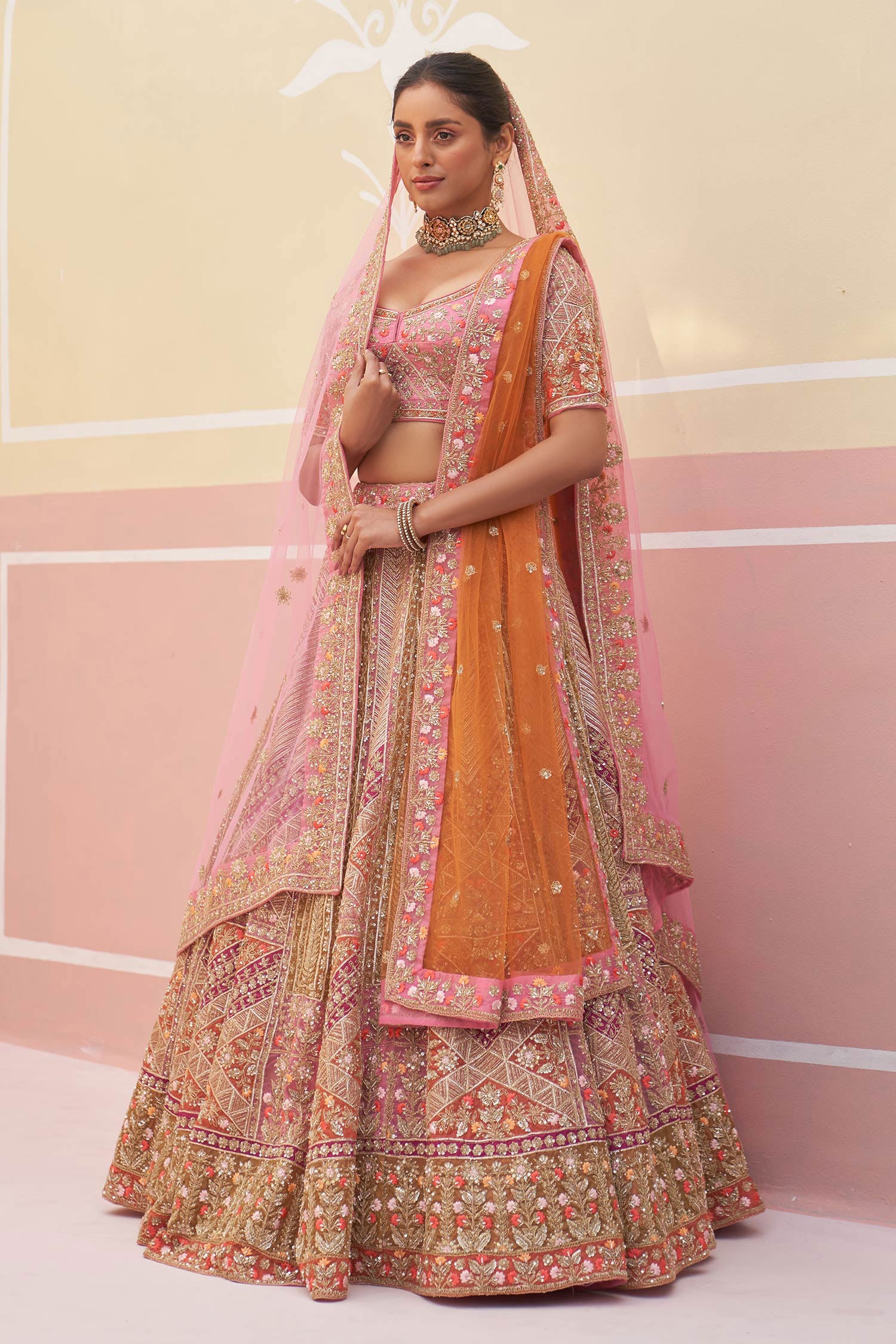 Buy Pink Raw Silk Embroidered Organza Zardozi And Bridal Lehenga Set