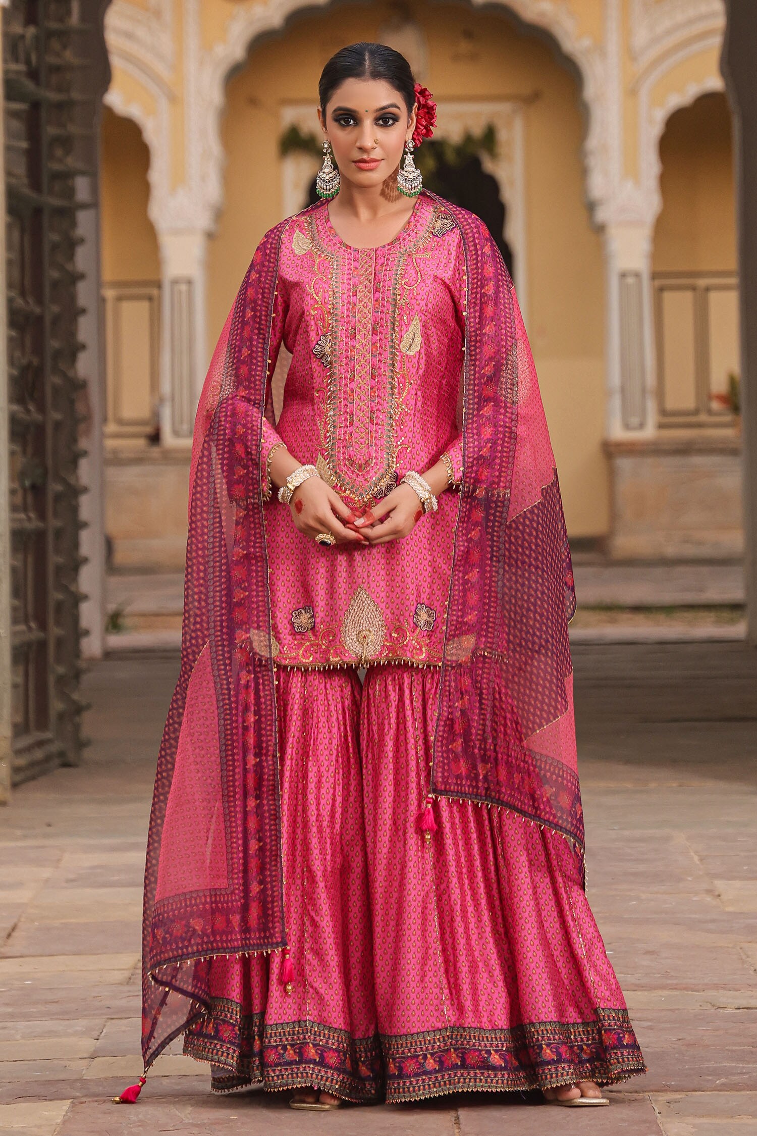 Buy Pink Silk Embroidered Pearl Notched Applique Work Kurta Sharara Set