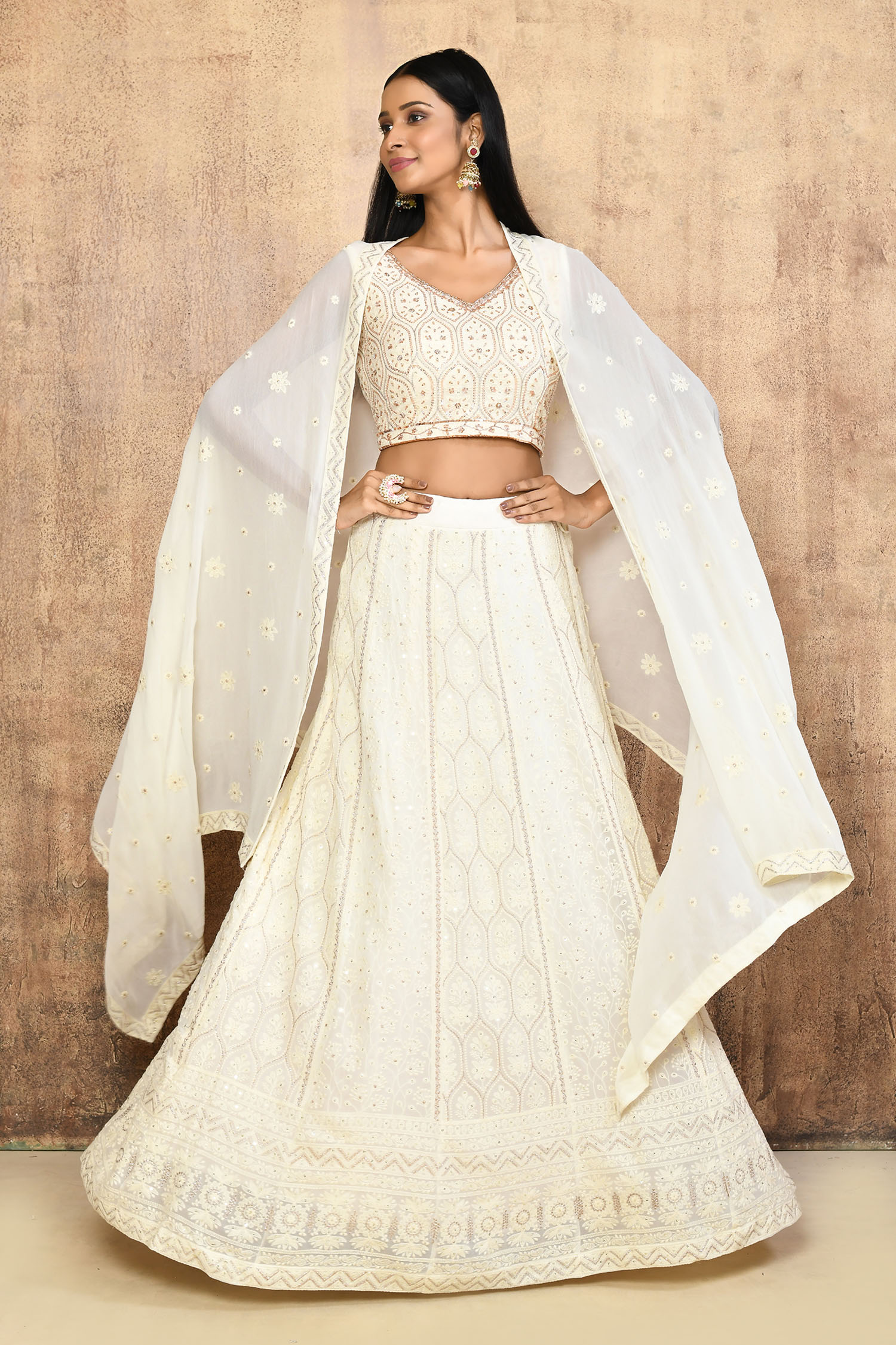 Buy Off White Viscose Georgette Embroidered And Sequins Blouse Lehenga