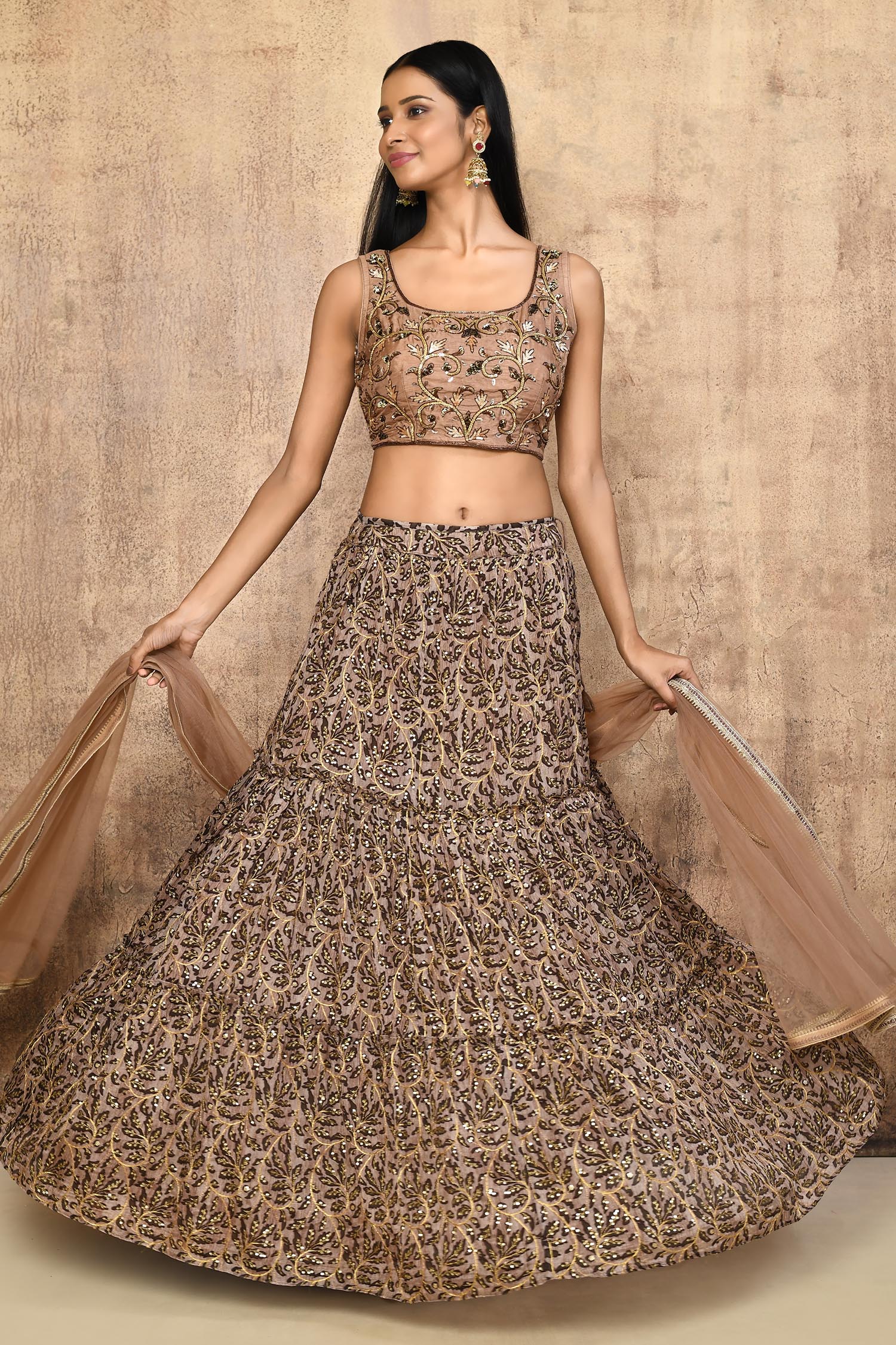 Buy Brown Lehenga Viscose Georgette Embroidered Thread Round And