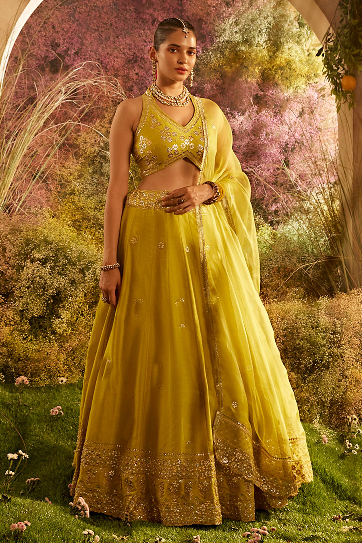 Buy Yellow Silk Chanderi Fleur Embroidery Halter Neck Lehenga Blouse