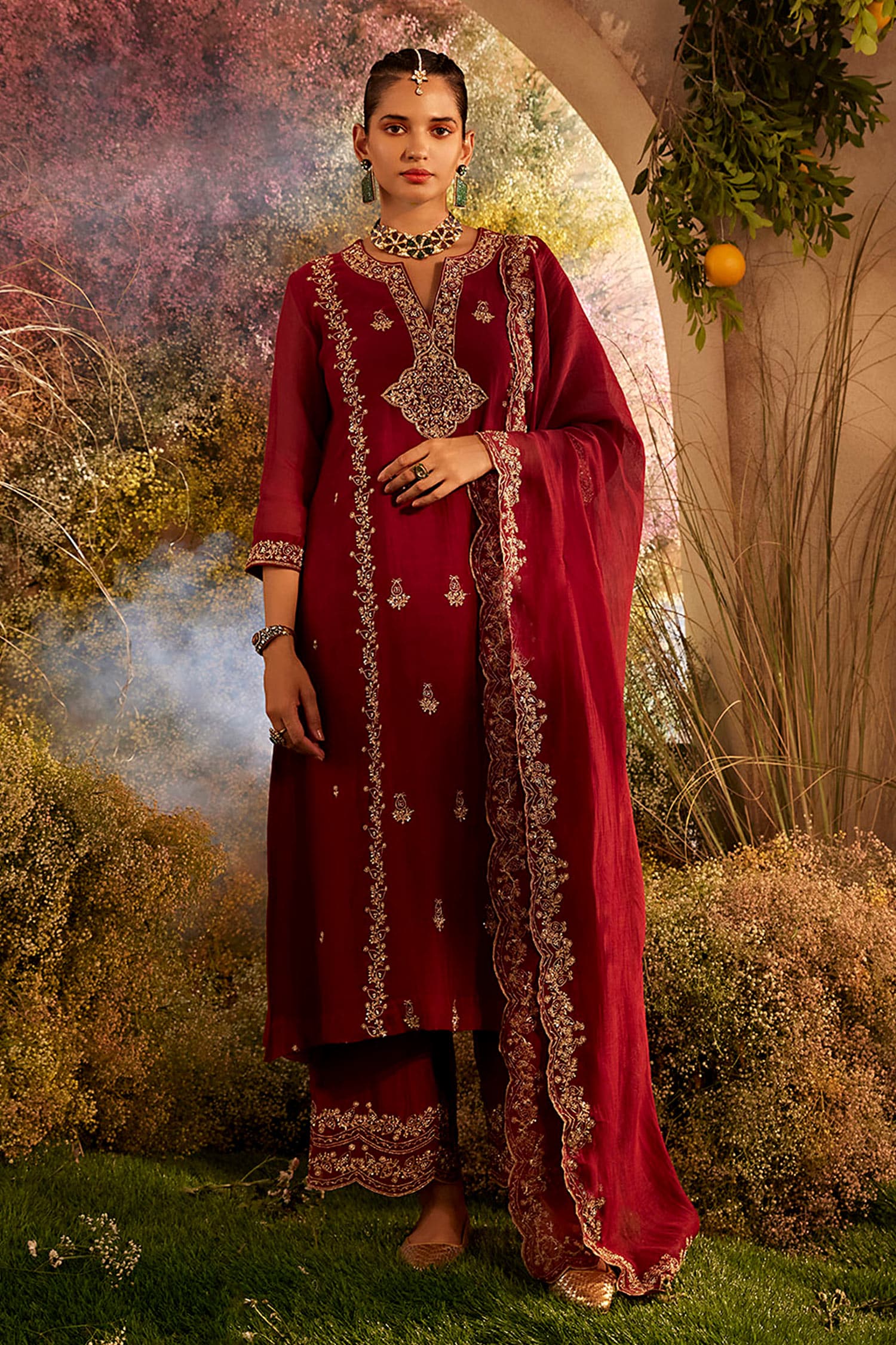 Buy Maroon Soft Chanderi Embroidered Notched Hand Kurta Palazzo Set For