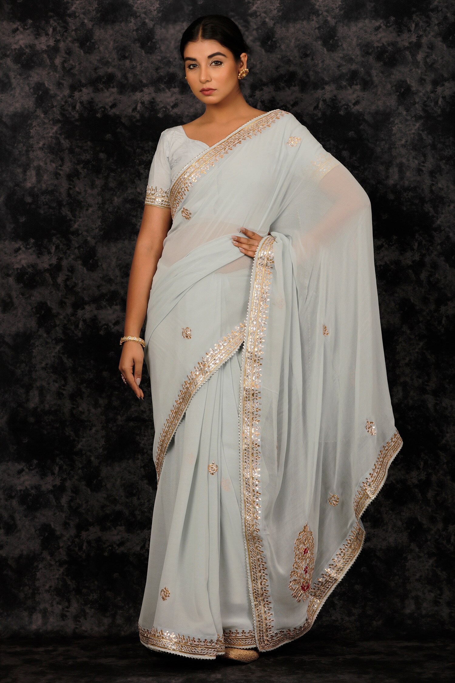 Buy Grey Saree Georgette Hand Zari And Gota Work With Unstitched Blouse