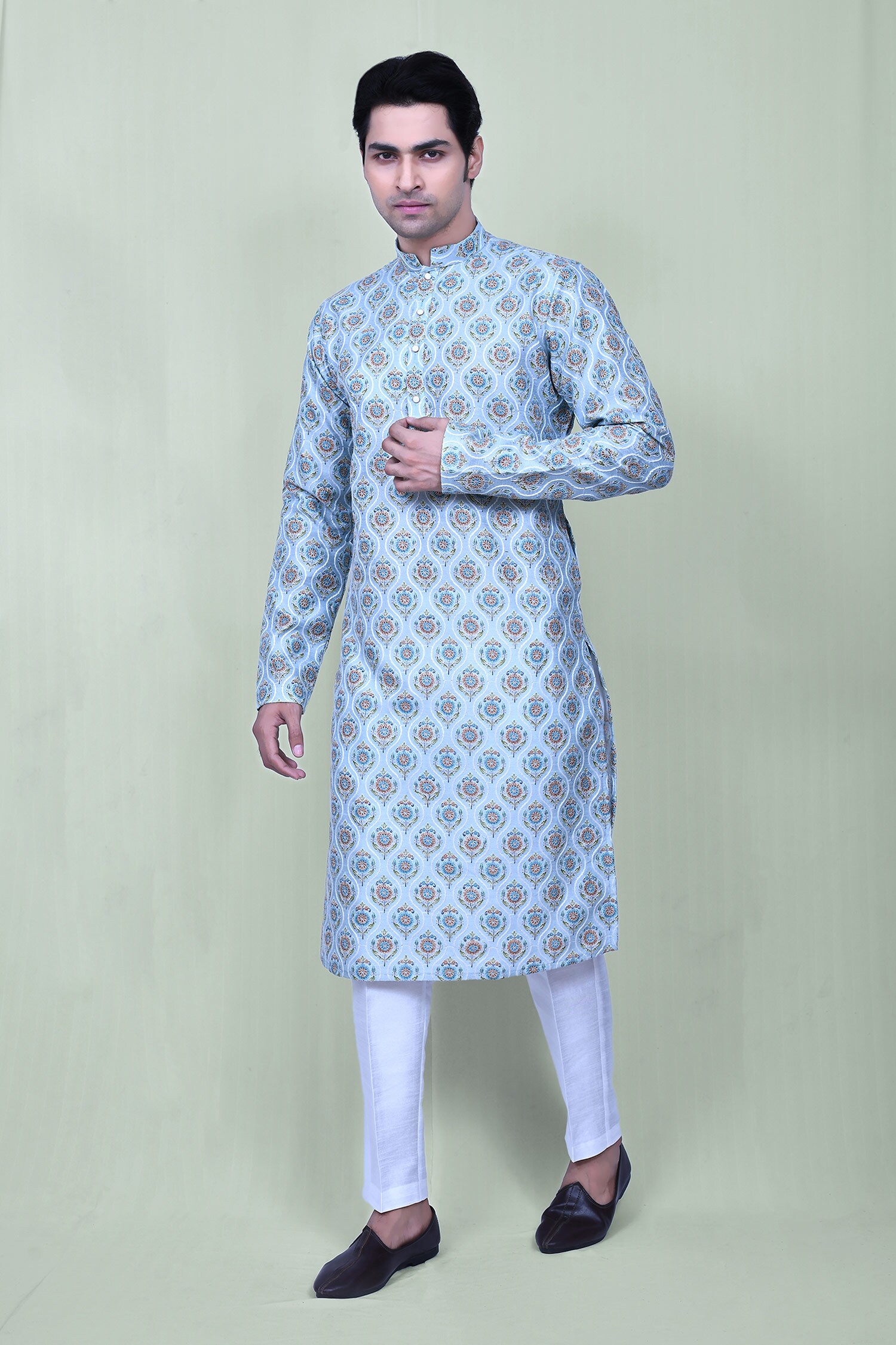 Buy Blue Art Silk Embroidered Mughal Floral Kurta And Pant Set For Men