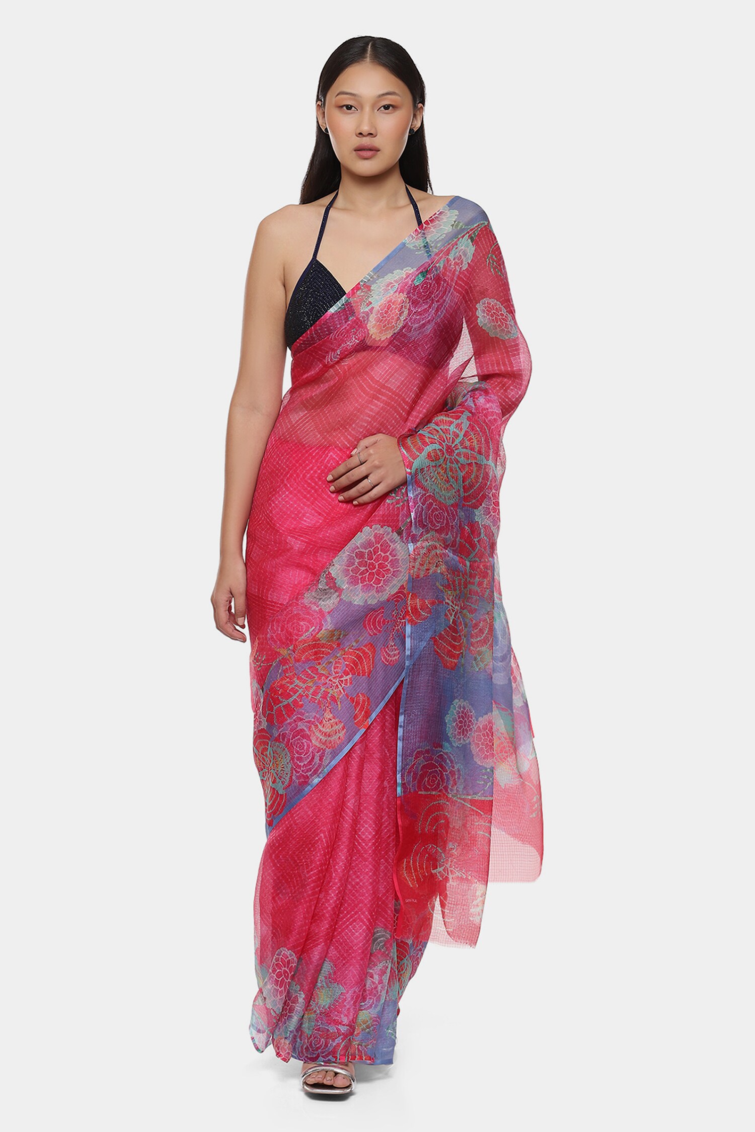 Buy Pink Cotton Print Floral Mothra Saree With Running Blouse For Women