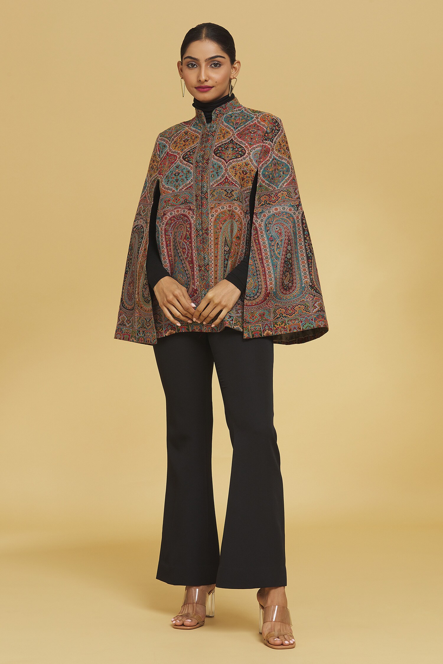 Buy Multi Color Polyester Yarn Jamawar Woven Floral Stand Collar Jacket