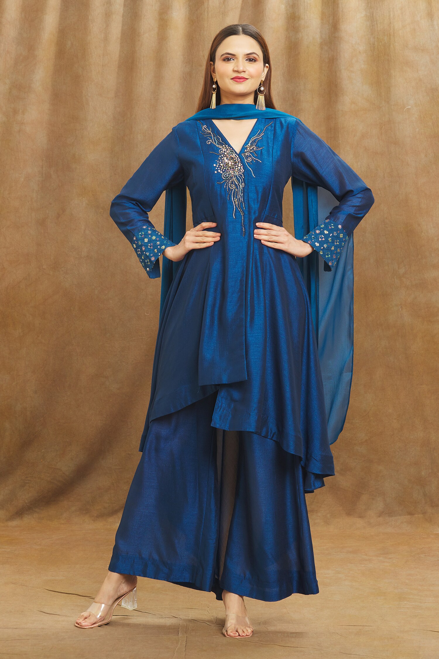 Buy Blue Kurta And Pant Summer Silk Embroidered Bead V Asymmetric Set