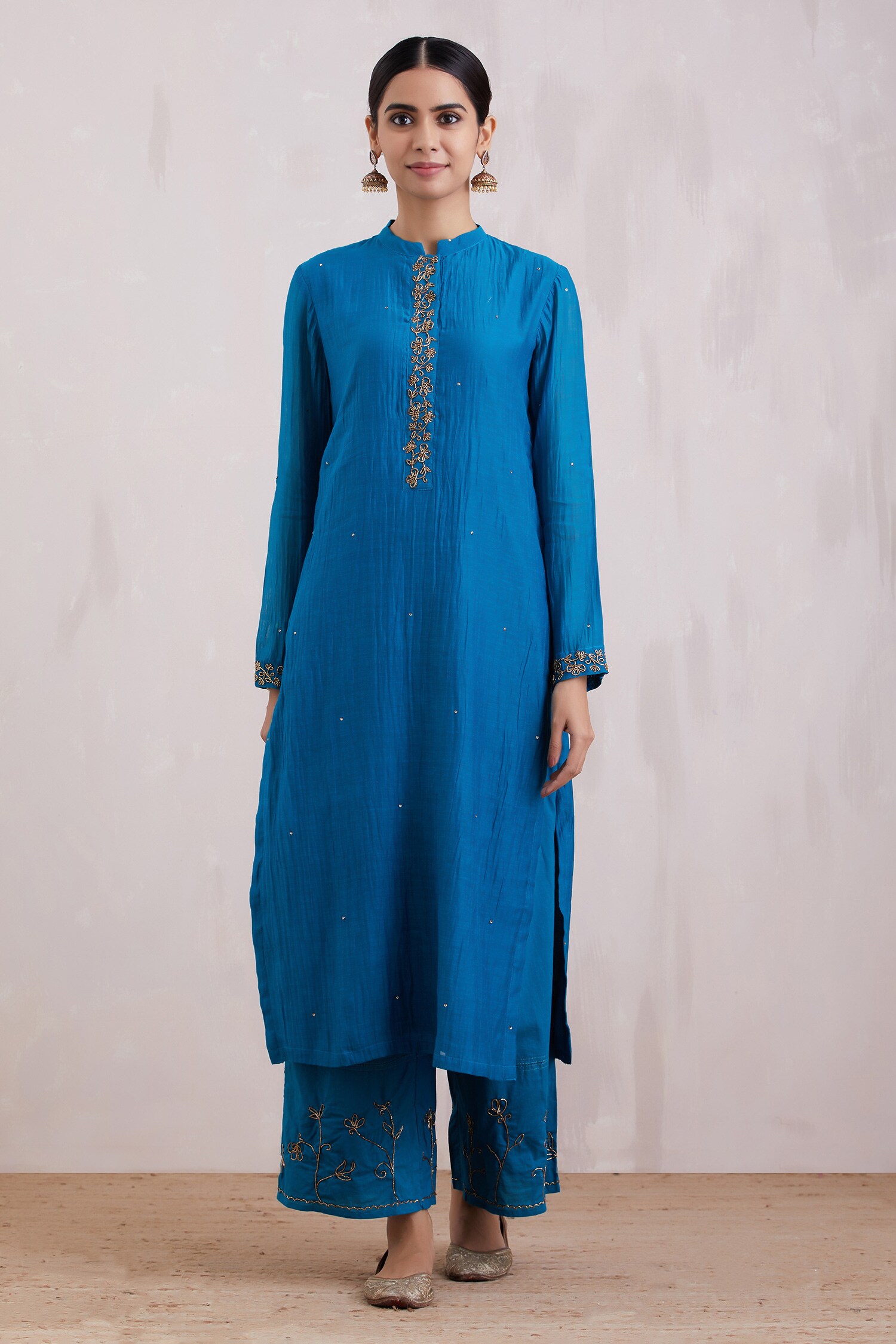 Buy Blue Chanderi Cotton Silk Hand Embroidered Placement Kurta For