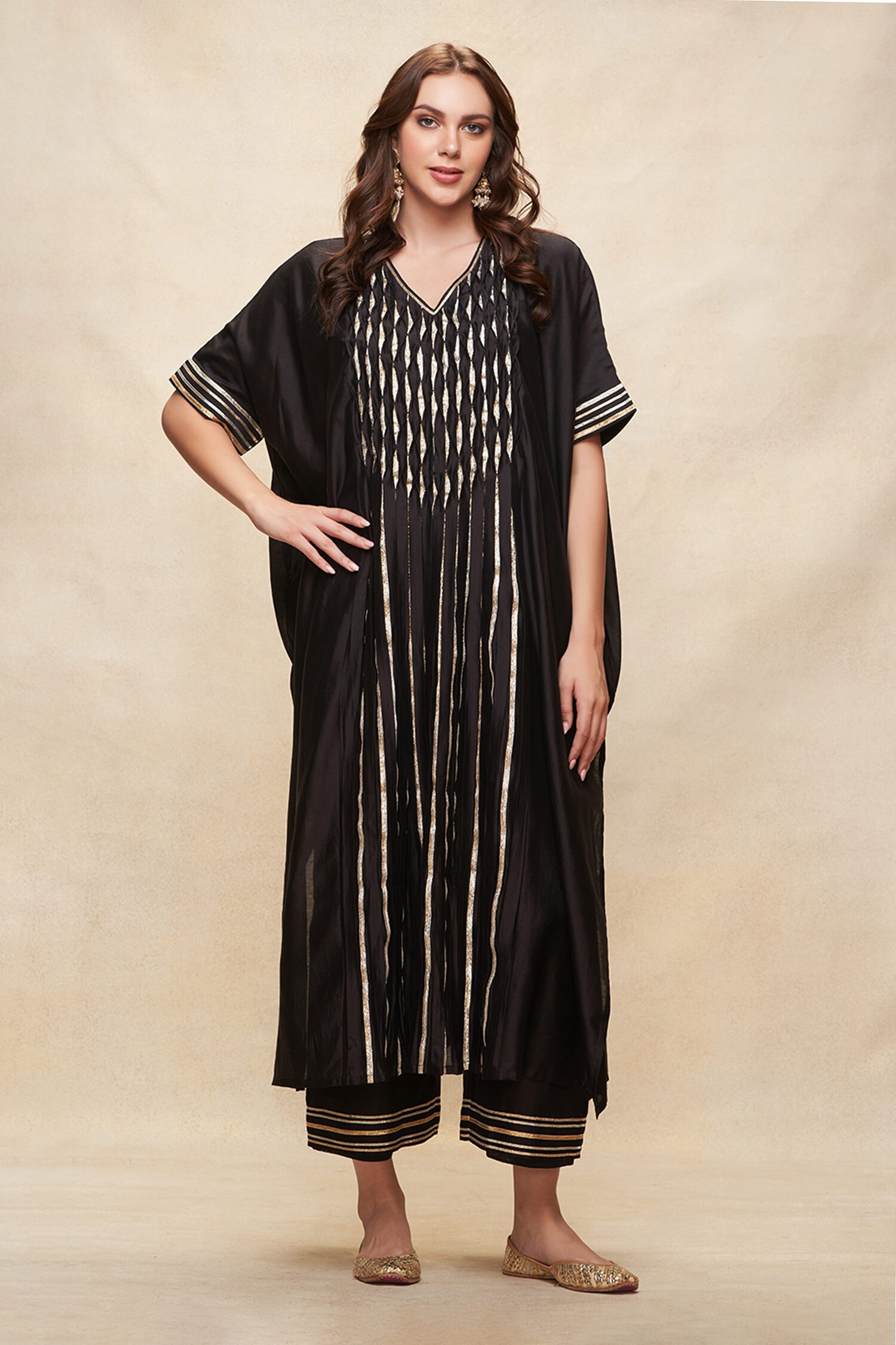 Buy Black Chanderi Embroidery Gota V Neck Work Kaftan For Women By