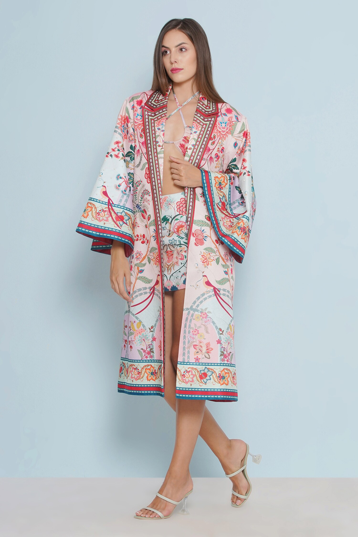 Buy Pink Scallop Textured Satin Printed Coro Chintz Oversized Jacket