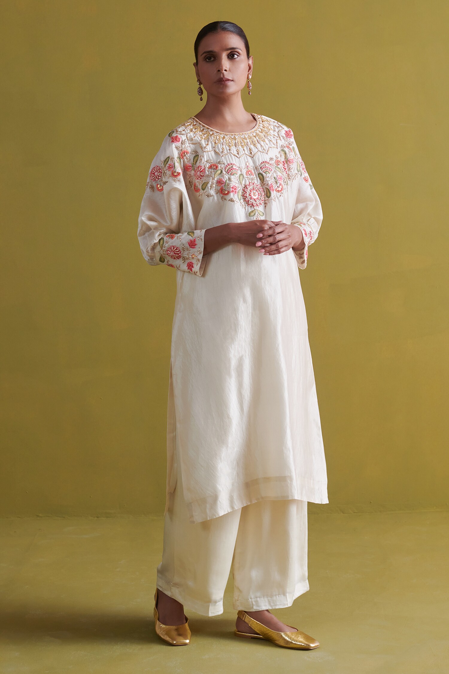 Buy Ivory Kora Silk Embroidery French Gardenia Dabka Kurta With Palazzo