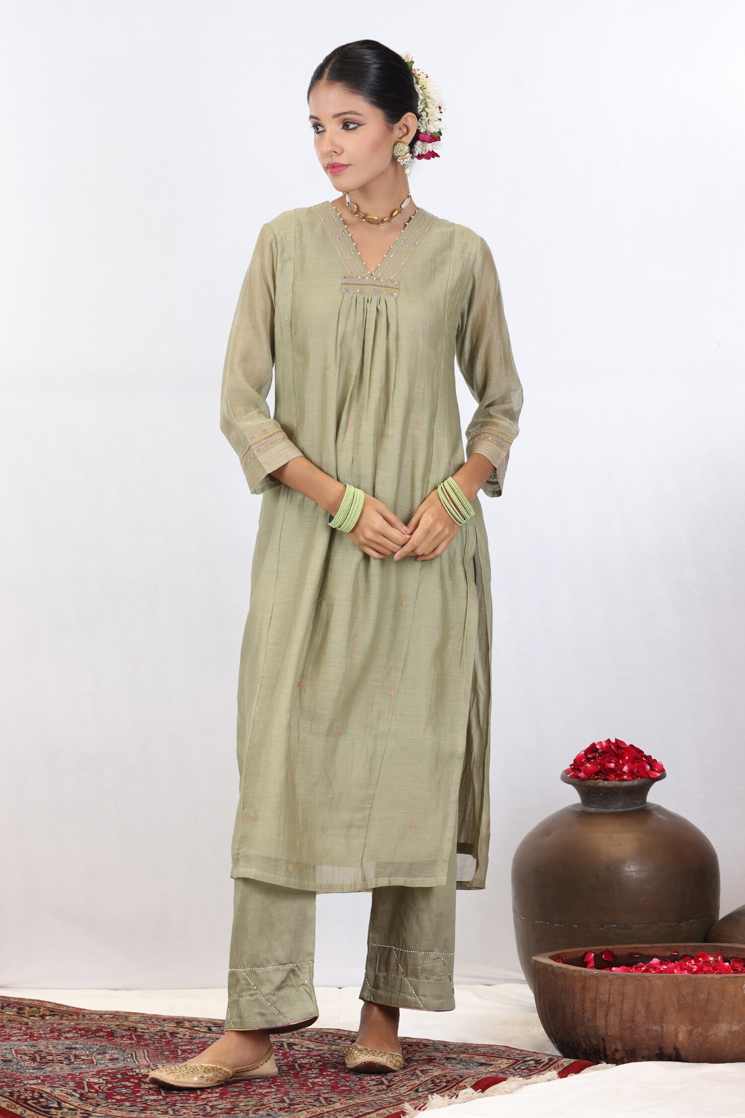 Buy Green Kurta Fine Chanderi Embroidered Sequin V Thread Gathered Set