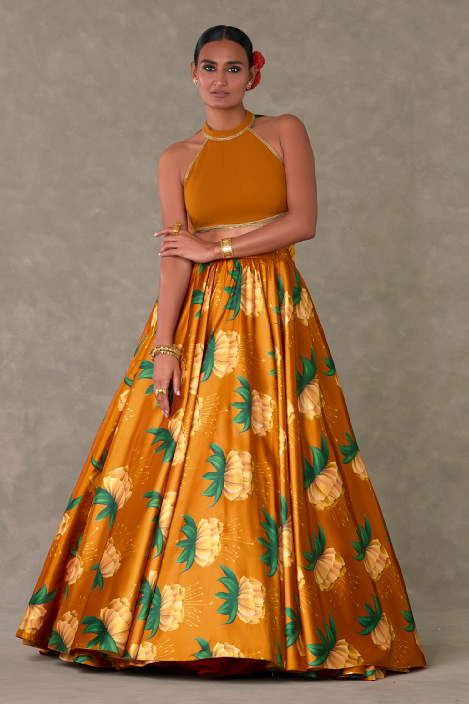 Buy Orange Lehenga Taffeta Digital Printed Masakali Halter And Bustier