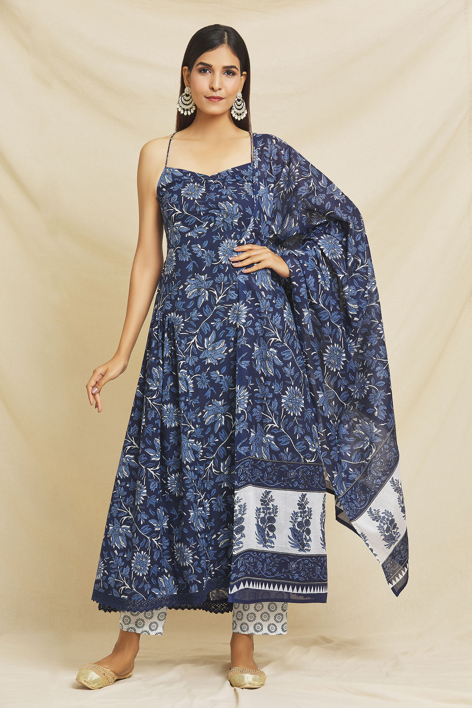 Buy Blue Cotton Printed And Embroidered Floral Anarkali Pant Set For