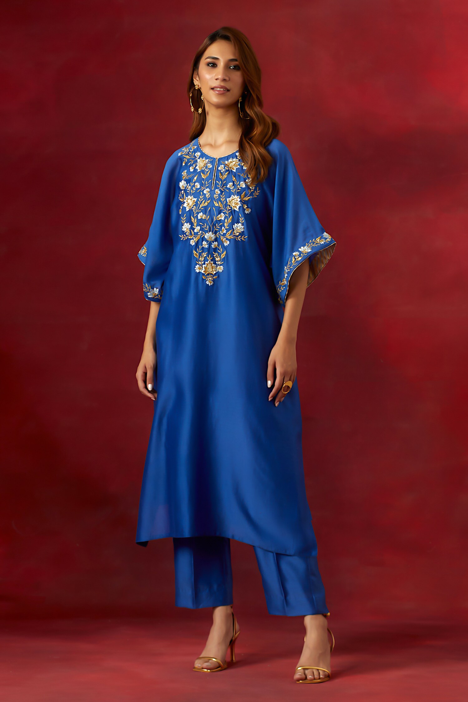 Buy Blue Silk Chanderi Embroidered Sequins Round Neck Yoke Kaftan Pant