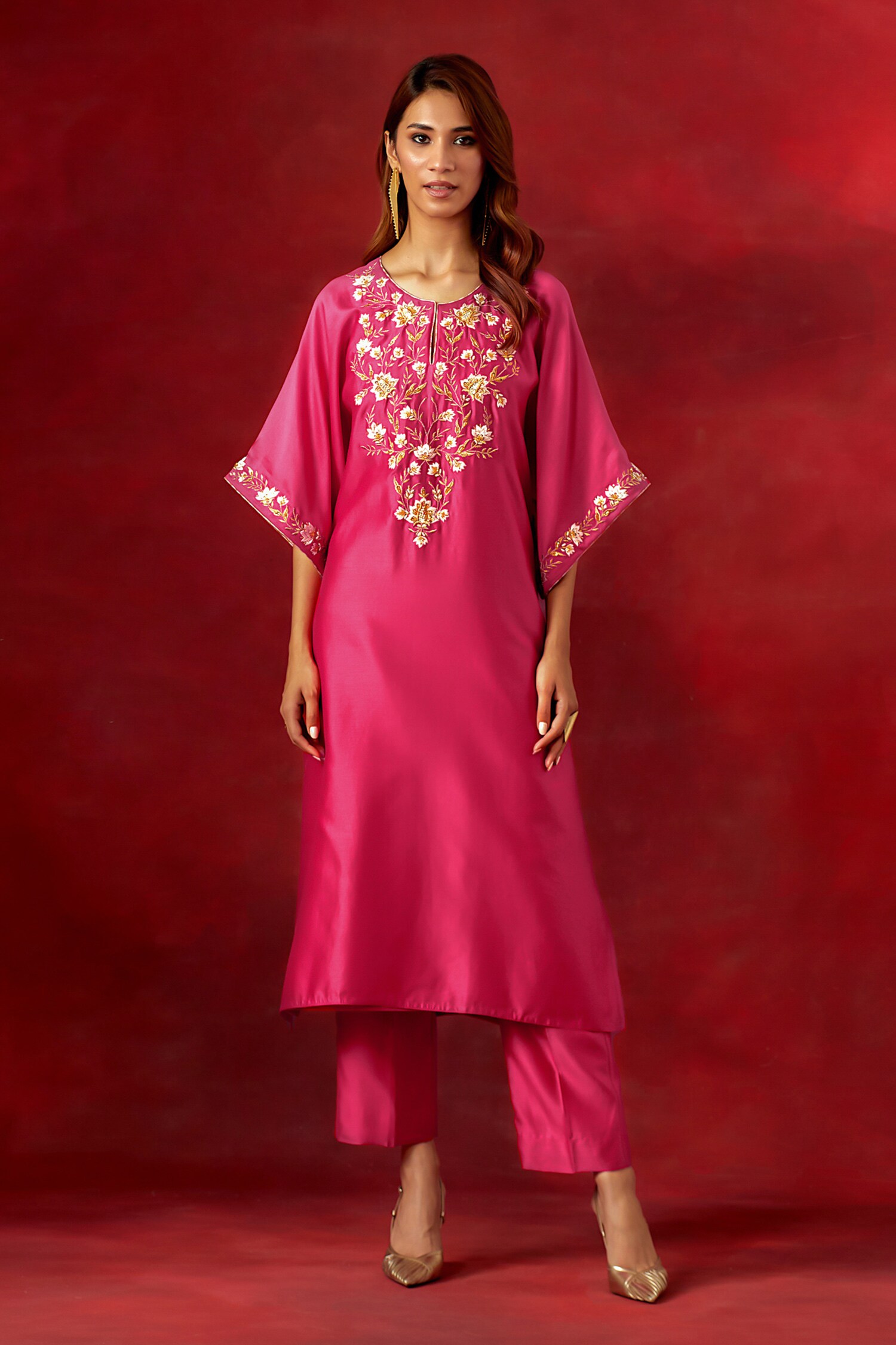 Buy Fuchsia Silk Chanderi Embroidered Sequins Resham Yoke Kaftan Pant