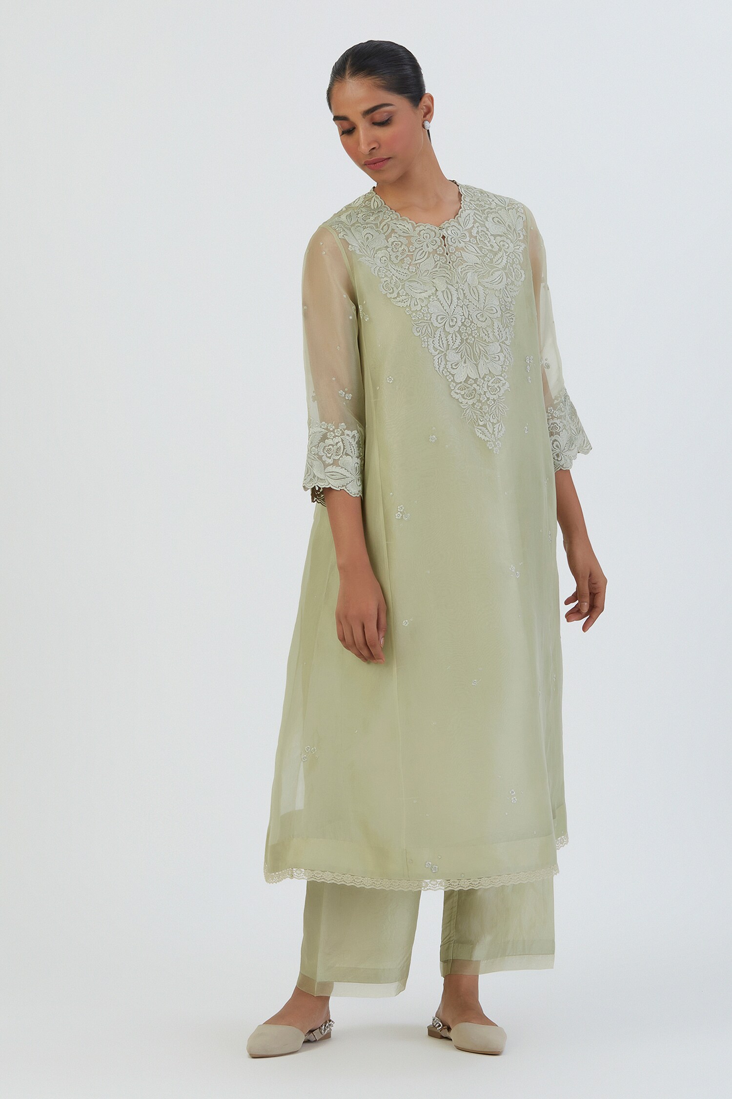 Buy Green Kurta Chanderi Embroidered Thread Round Prisha And Pant Set