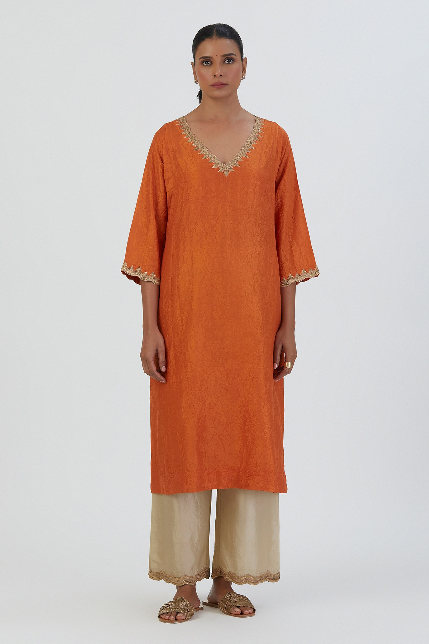 Buy Orange Silk Embroidered Thread Scalloped Rati Placement Kurta With