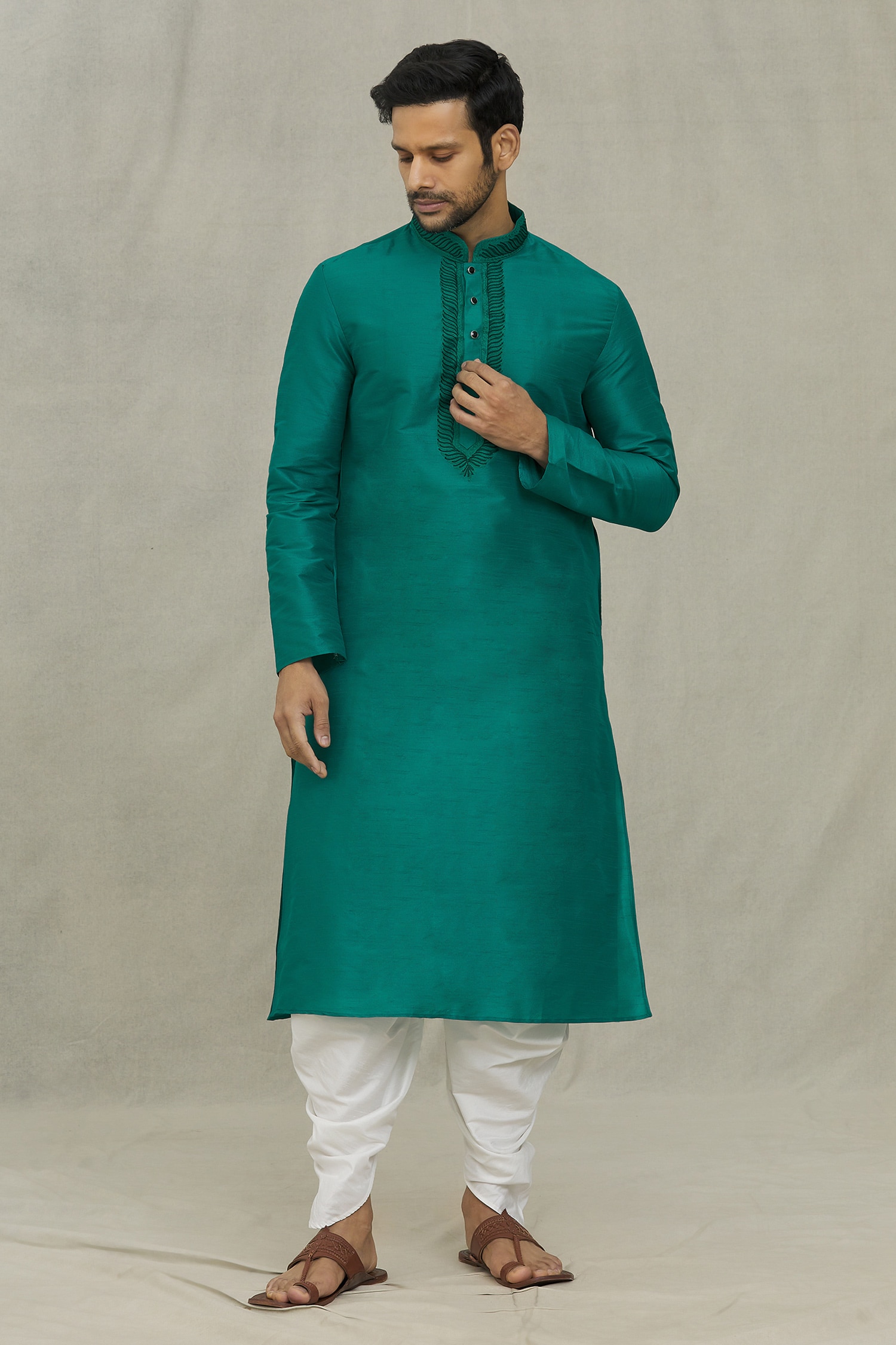 Buy Green Kurta Art Silk Embroidered Thread Work Leaf Yoke Set For Men