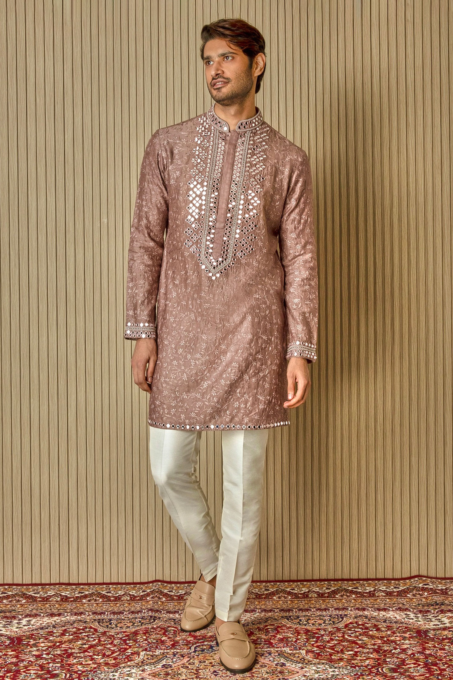 Buy Brown Chanderi Silk Embroidered Floral Vine Kurta Set For Men By