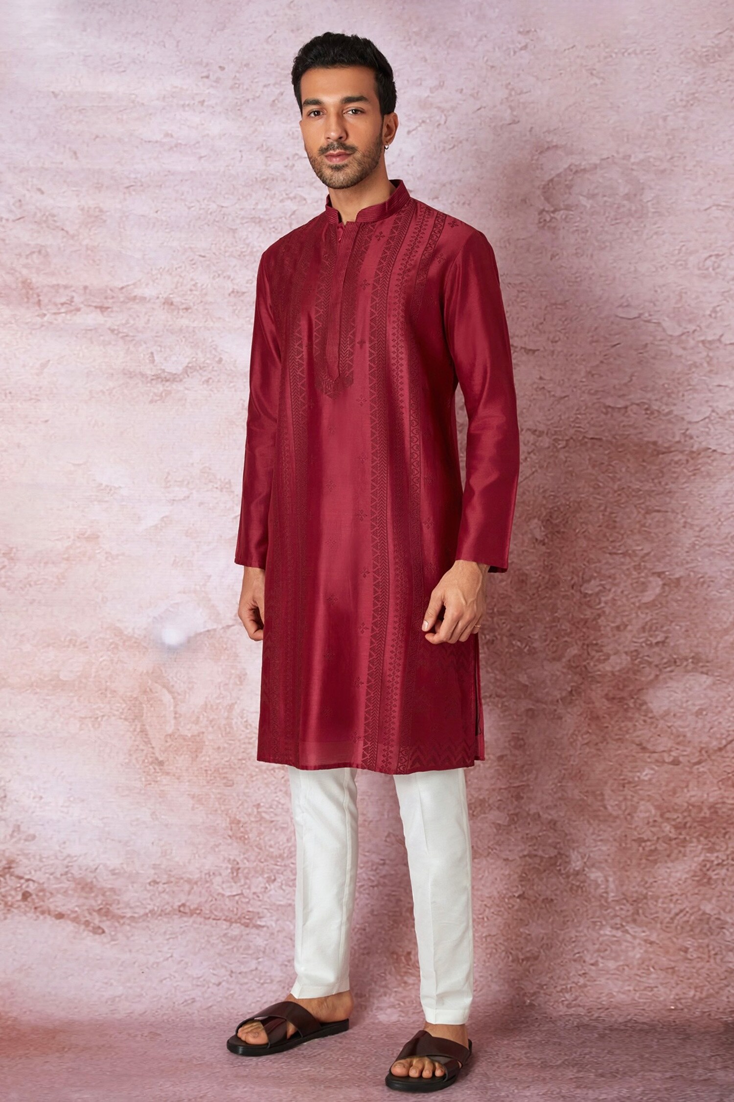 Buy Maroon Chanderi Silk Embroidered Resham Kurta Set For Men By Asuka