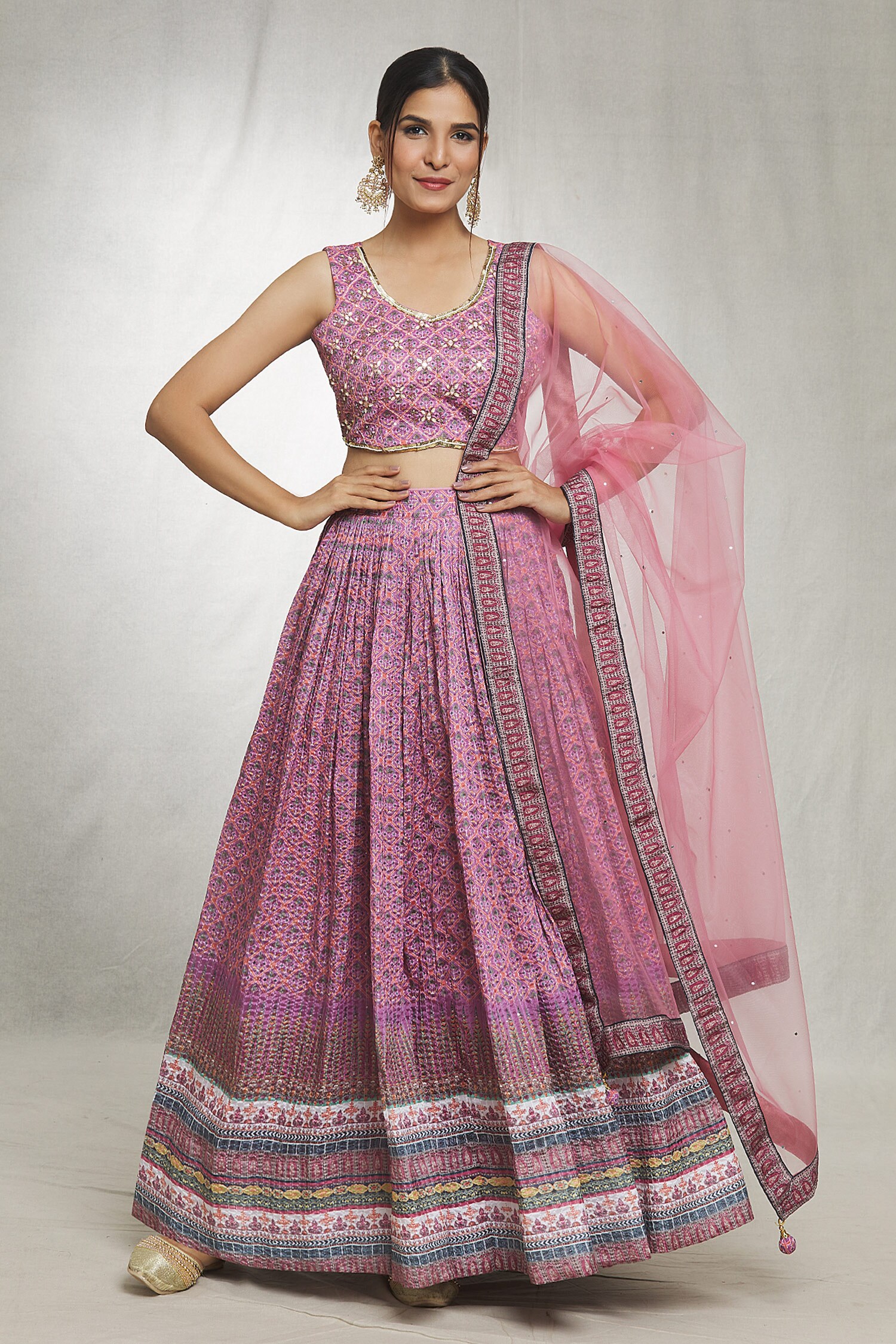 Buy Purple Blouse And Lehenga Heavy Chinon Printed Geometric V Neck