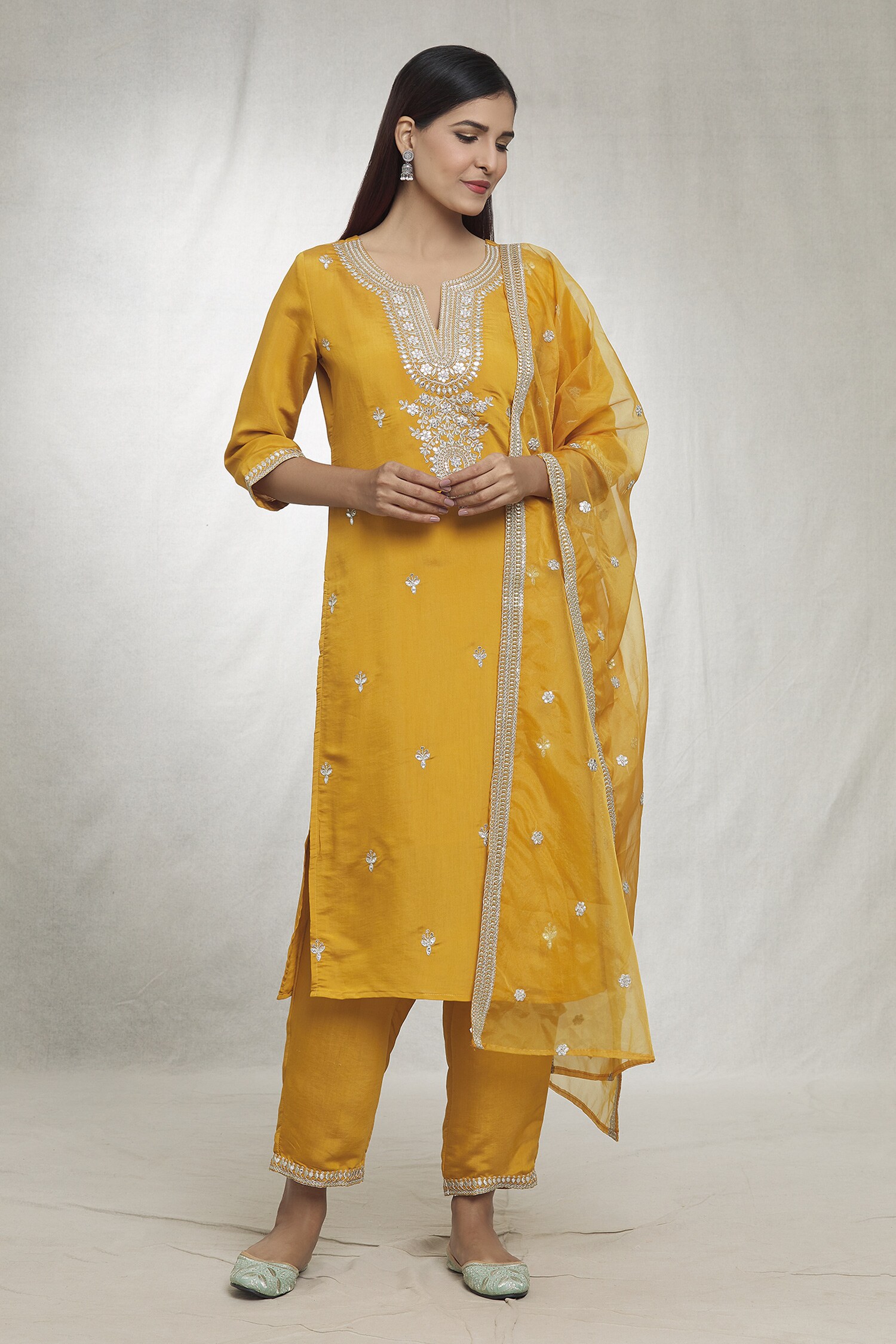 Buy Yellow Kurta And Pant Silk Blend Embroidered Sequin Thread Set