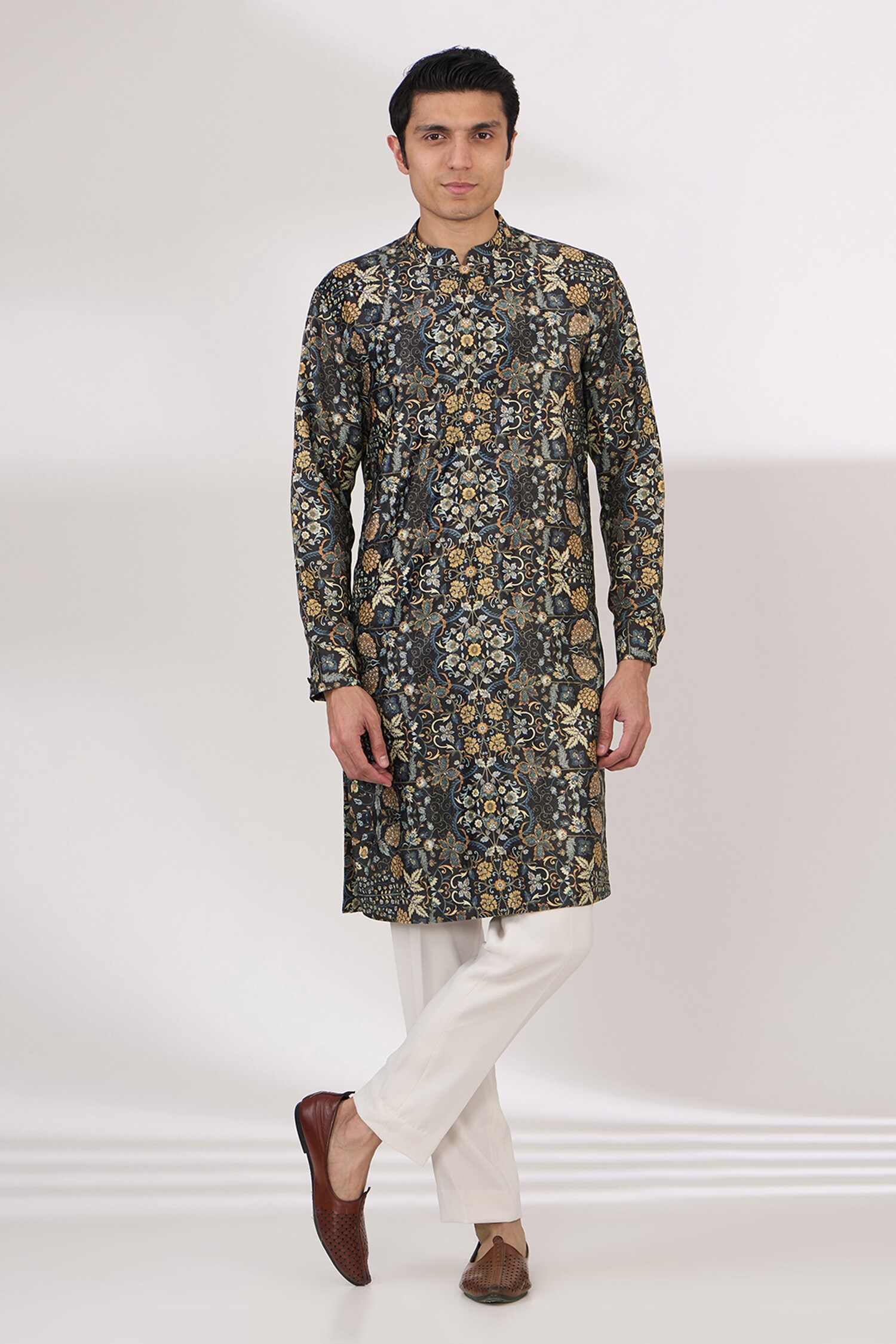 Buy Black Kurta Georgette Printed Floral Pattern And Pant Set For Men