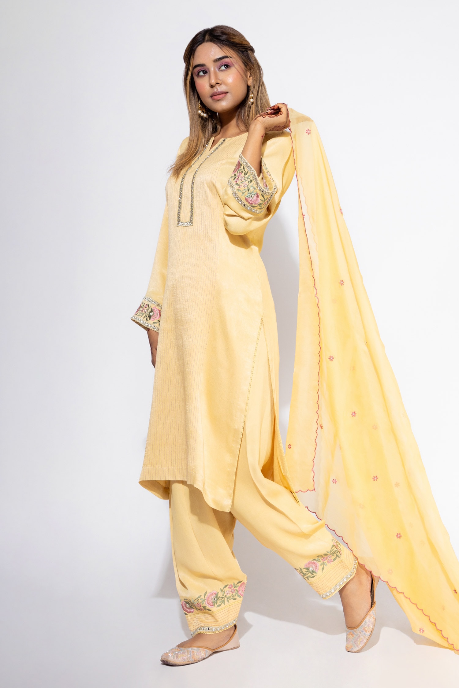 Buy Yellow Moss Satin Embroidery Mirror Round Yoke Kurta Set For Women