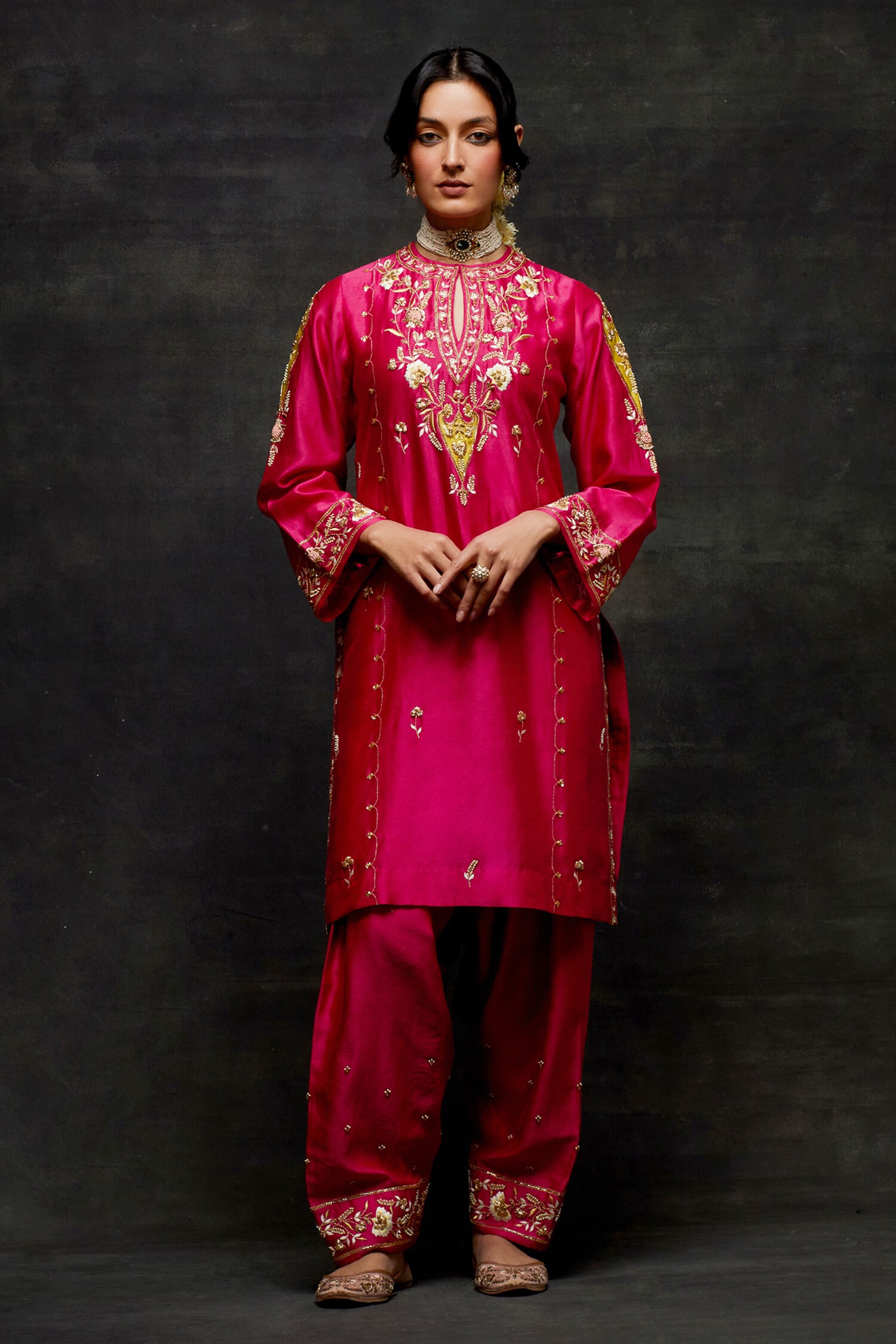 Buy Fuchsia Silk Chanderi Embroidery Flower Short Kurta And Salwar Set