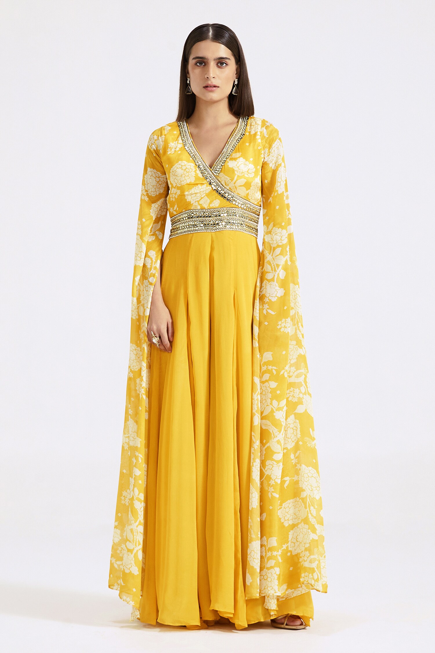 Buy Yellow Chinon Printed And Embroidered Floral V Flared Jumpsuit For