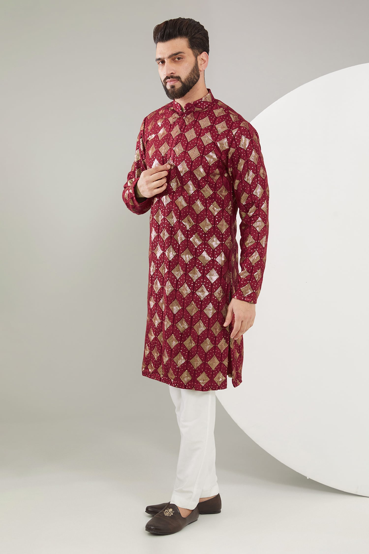 Buy Maroon Silk Embroidered Thread And Sequin Work Sherwani For Men By