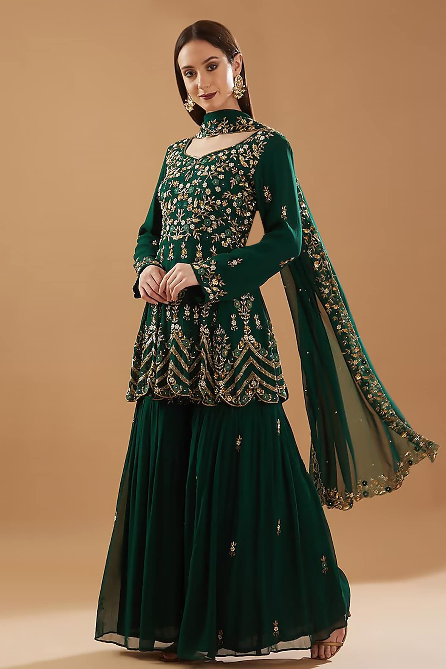 Buy Green Georgette Embroidery Cutdana Floral Peplum Kurta Sharara Set