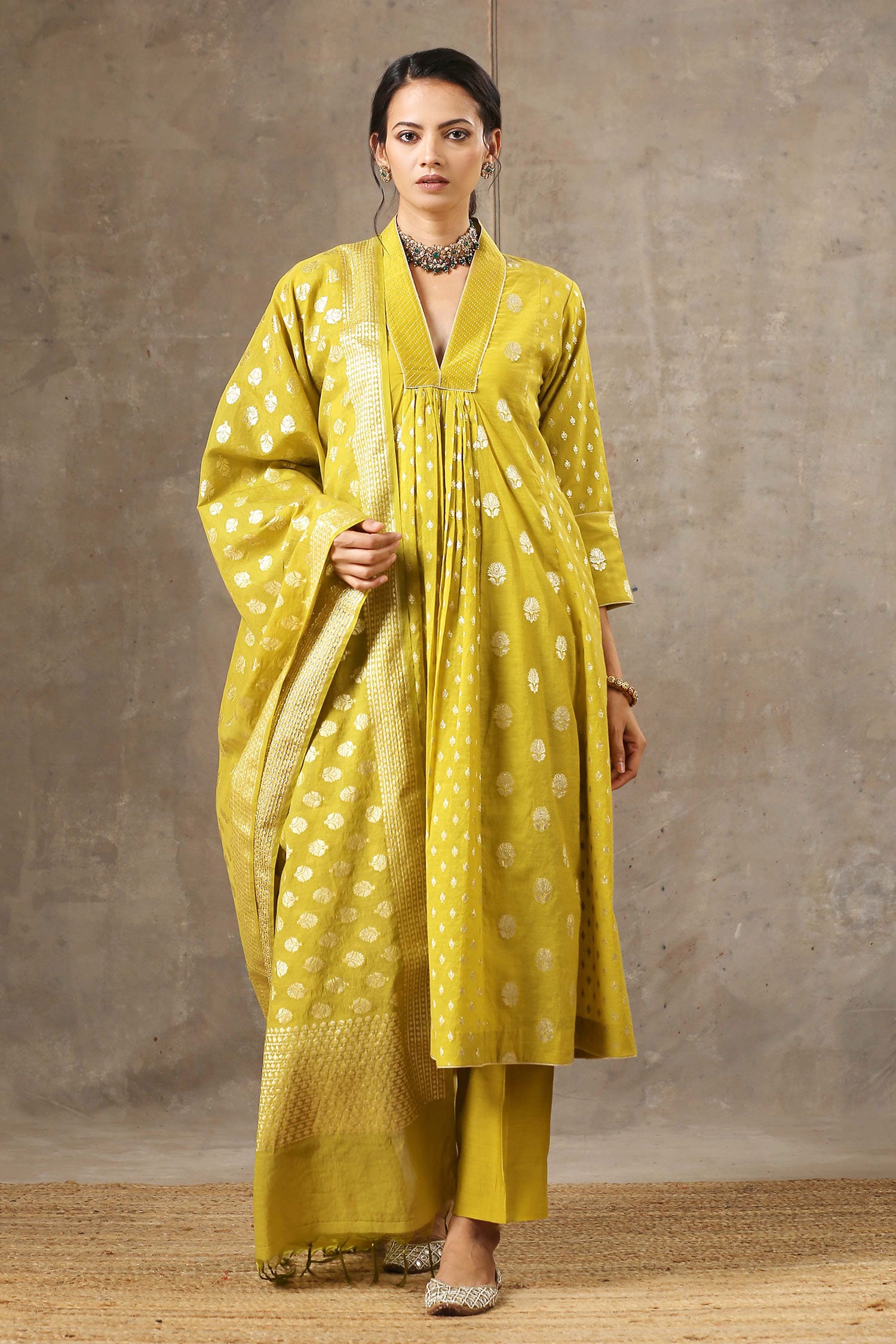 Buy Yellow Banarasi Chanderi Woven Florette V Neck Kurta Set For Women