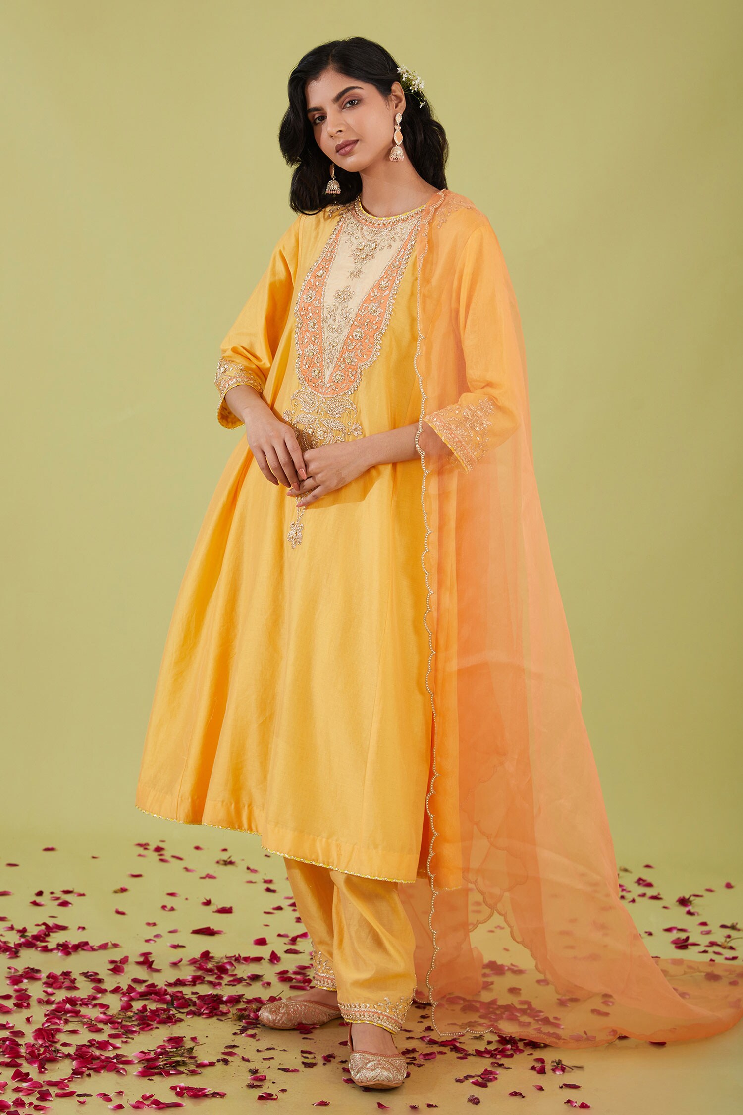 Buy Yellow Chanderi Embroidery Gota Round Phool Zari Yoke Anarkali Set