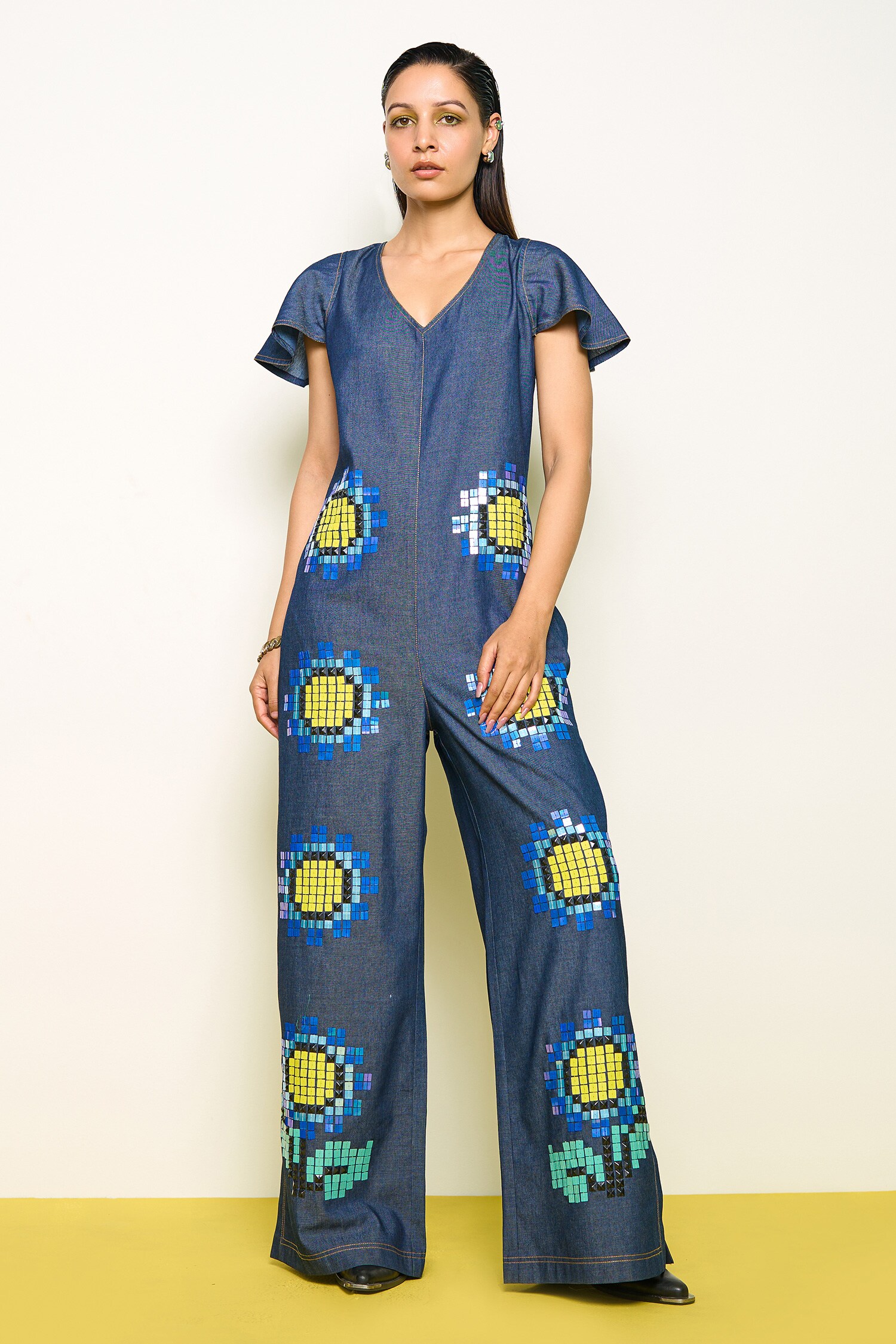 Buy Blue Denim Hand Embroidery Sequin Studs V Neck Wildflower Jumpsuit