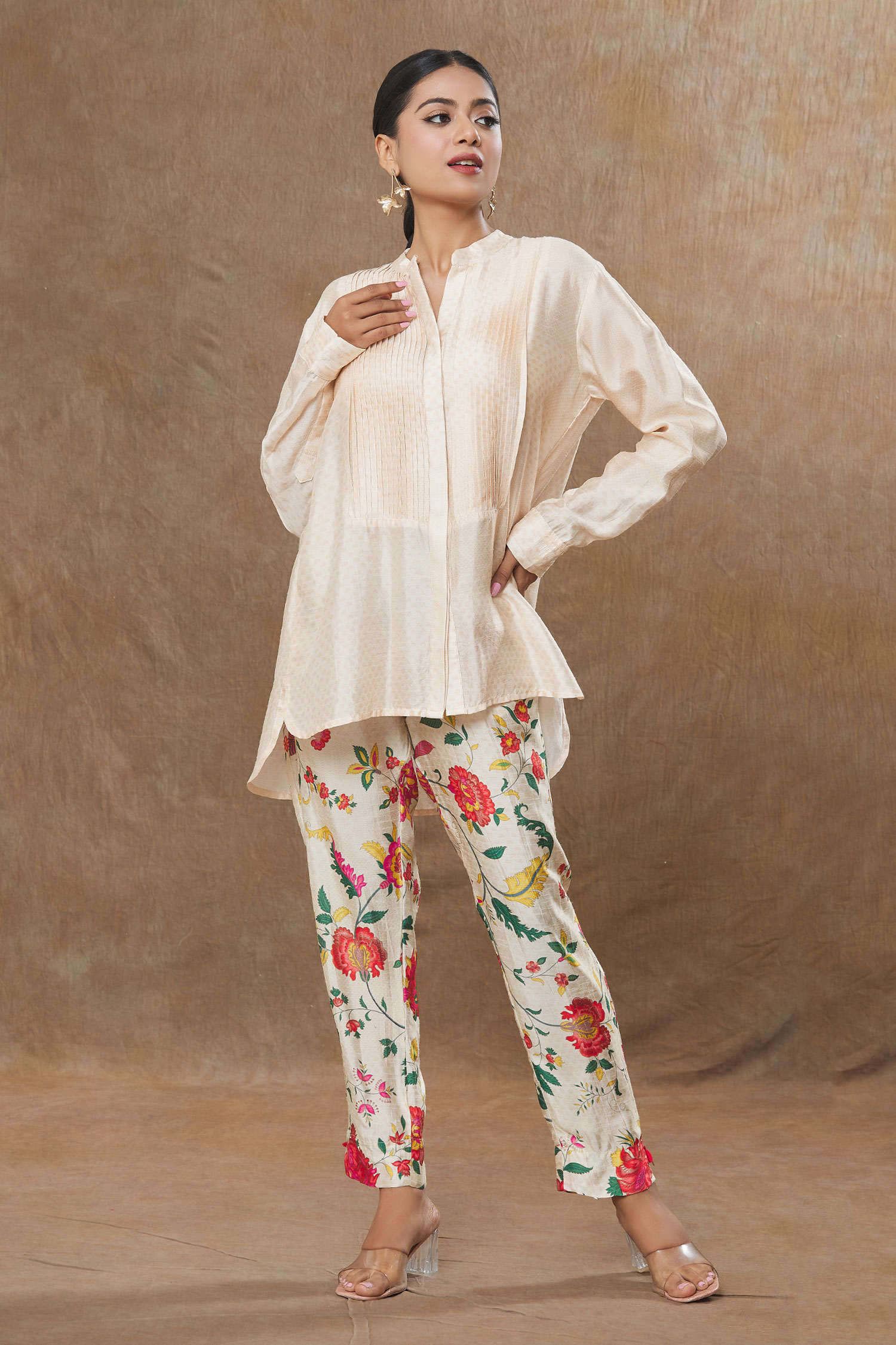 Buy Ivory Slub Silk Printed Floral Mandarin Collar Top And Pant Set For