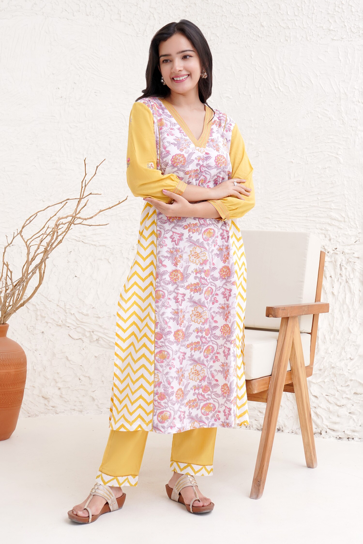 Buy Yellow Pure Cotton Hand Block Print Floral V Neck Blossom Kurta For