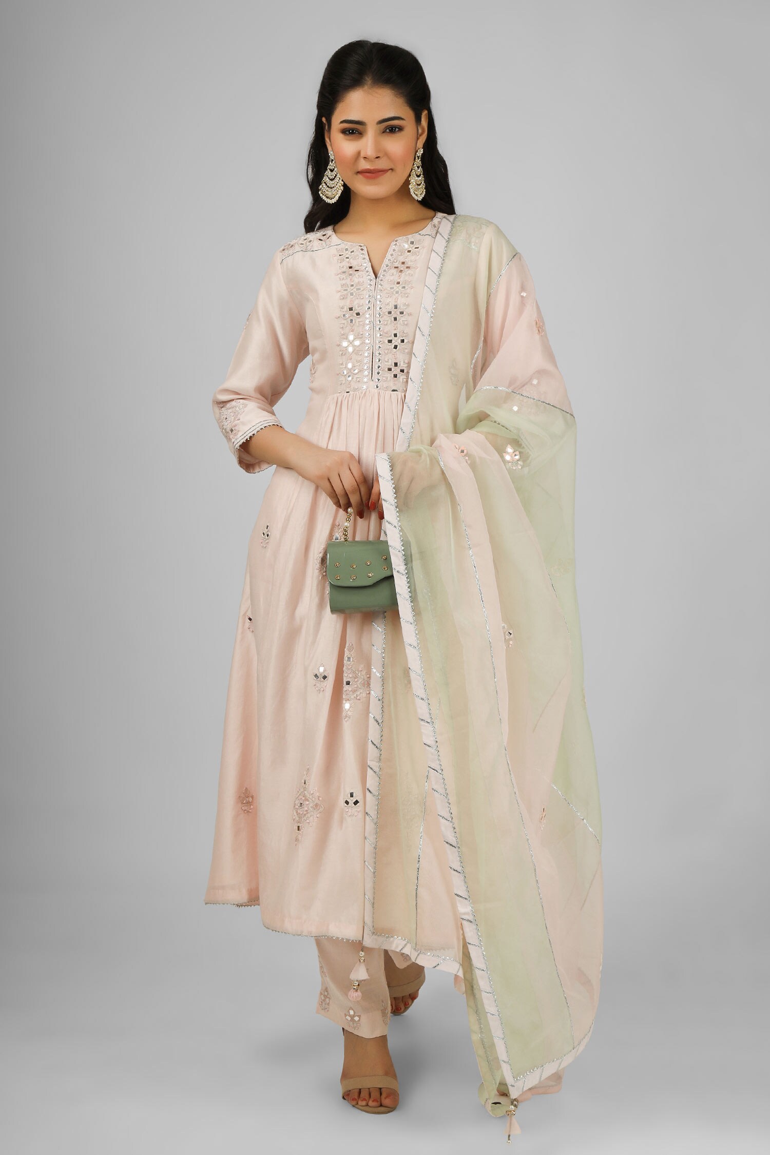 Buy Peach Kurta Silk Chanderi Embroidered Thread Gathered Pant Set For