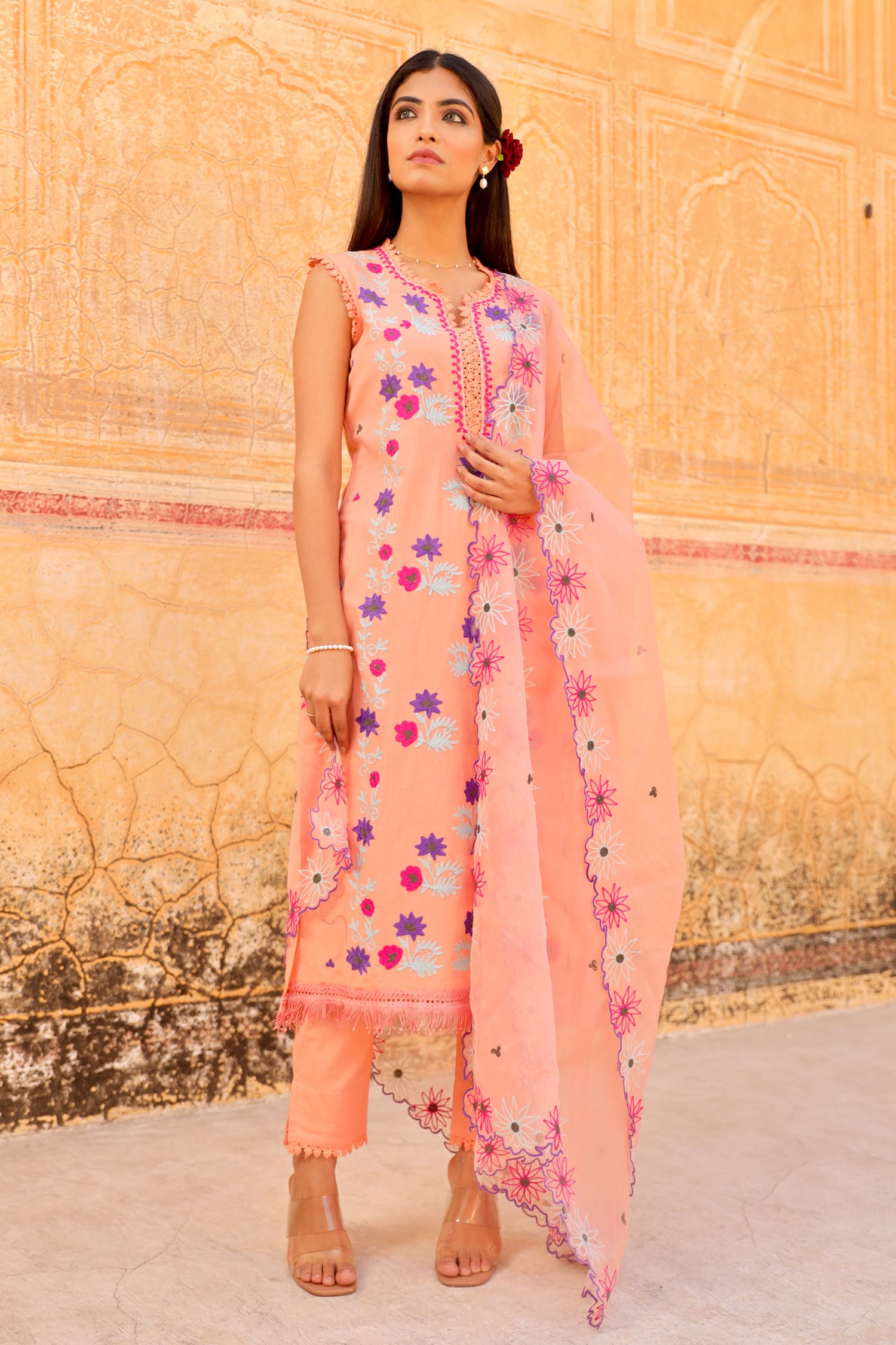 Buy Peach Kurta And Pant Cotton Embroidery Aari Notched Straight Set