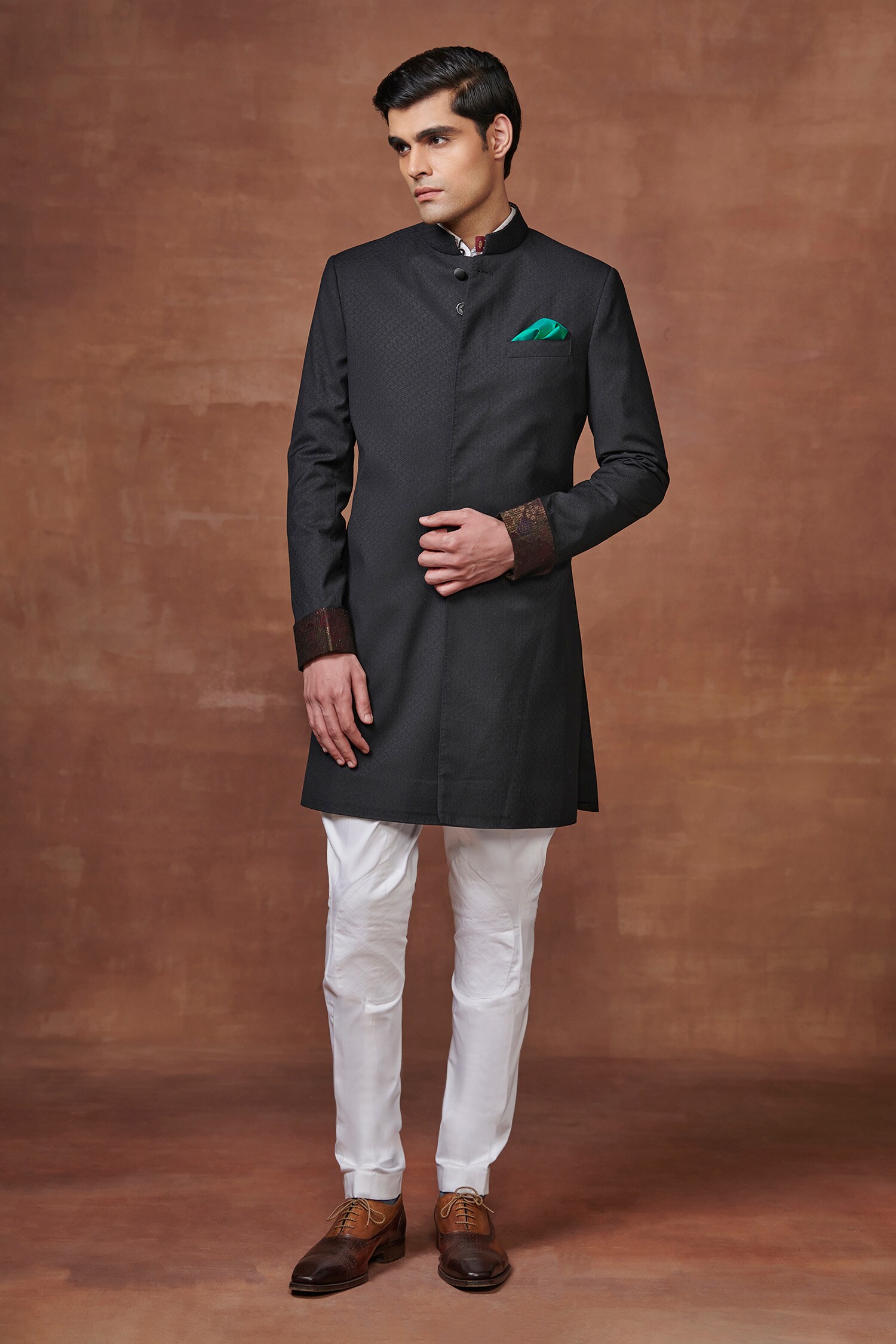 Buy Black Wool Plain Elite Elegance Textured Achkan For Men By