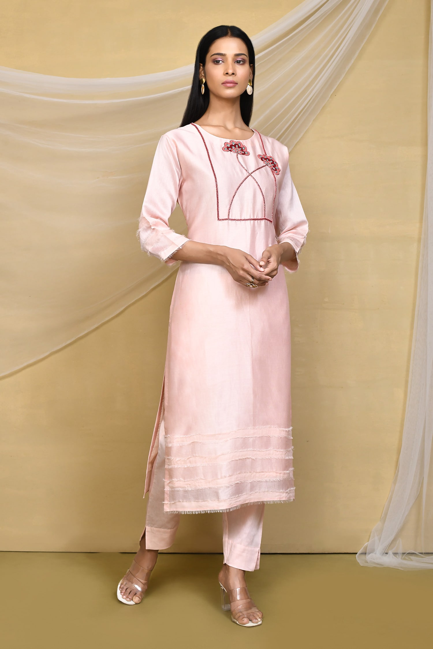 Buy Peach Pure Chanderi Embroidered Bodice Floral Round Kurta With Pant