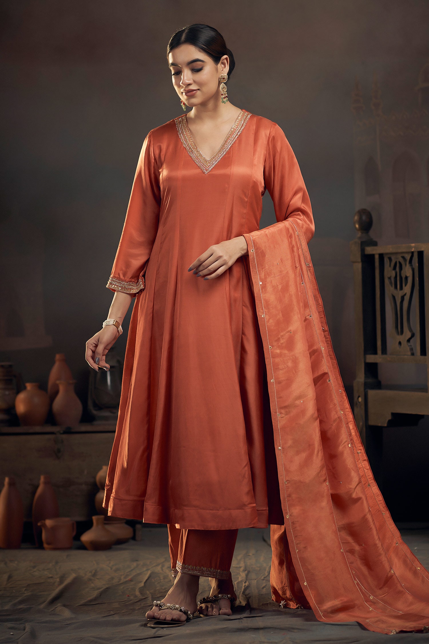 Buy Orange Kurta Silk Chanderi Hand Embroidered Pita V Neckline Kali