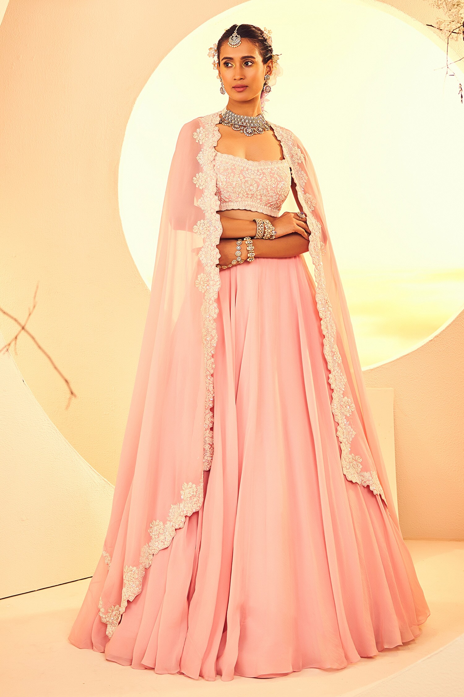 Buy Pink Organza Embroidery Dabka Leaf Neck Daisy Fleur Cape Lehenga